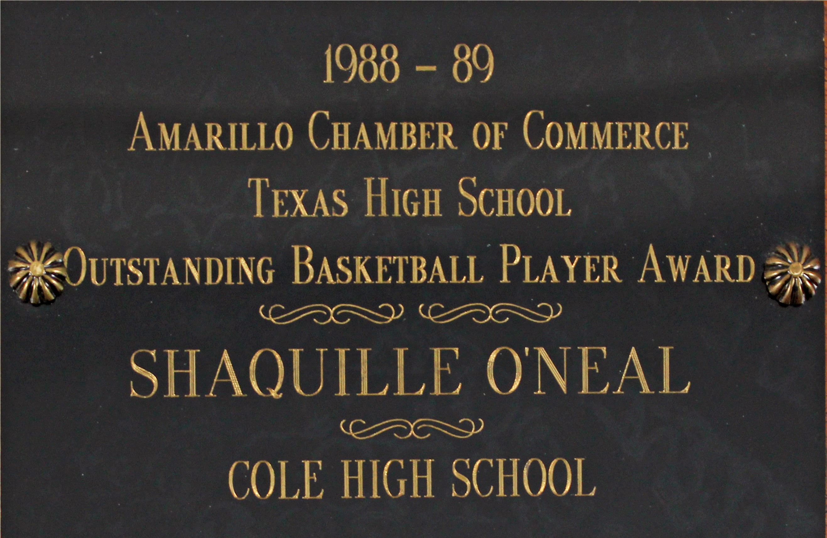 Shaquille O'Neal 1989 Texas HS Outstanding Basketball Player Award Plaque BAS W