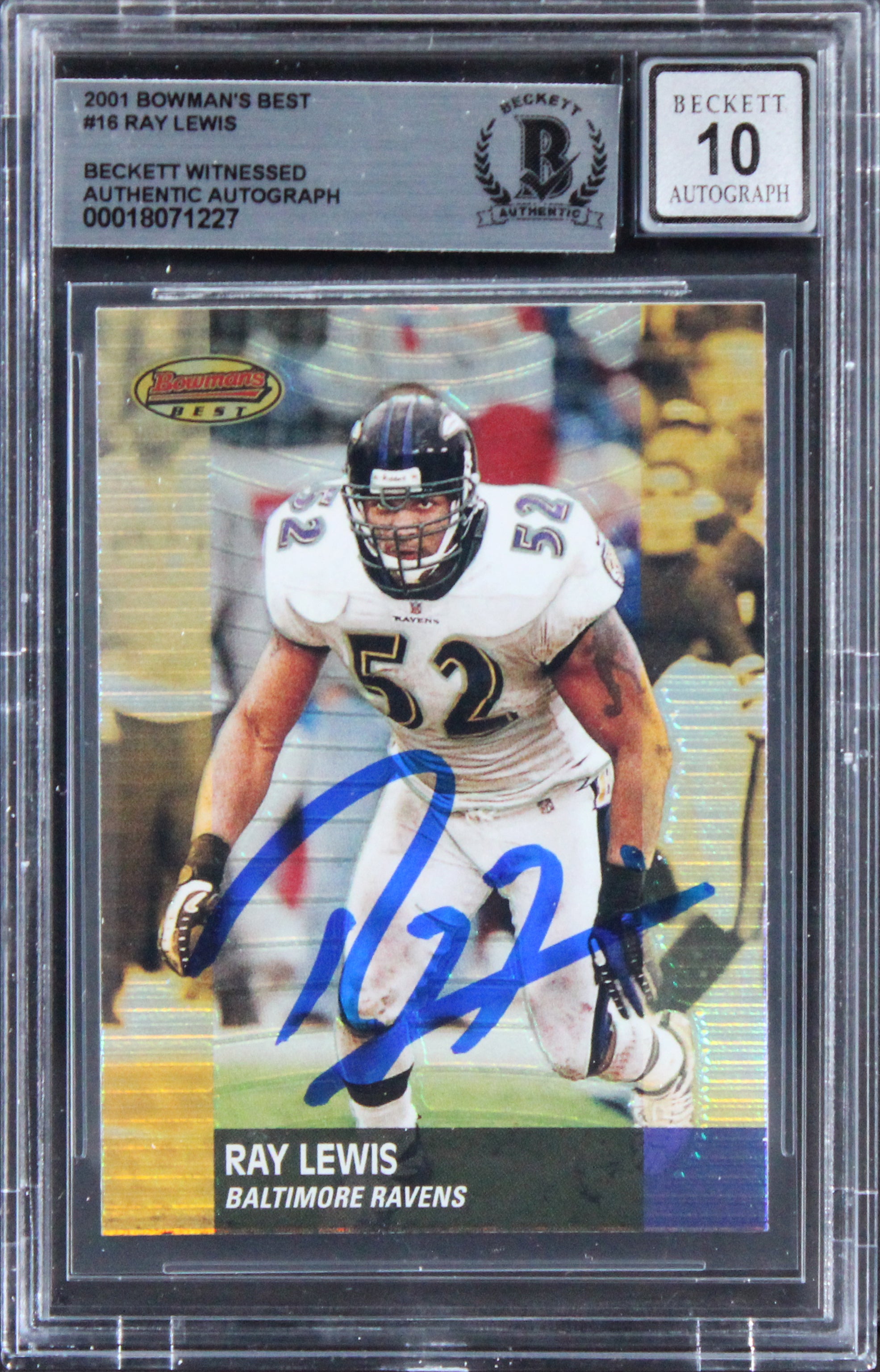 Ravens Ray Lewis Signed 2001 Bowman's Best #16 Card Auto Graded 10! BAS Slabbed