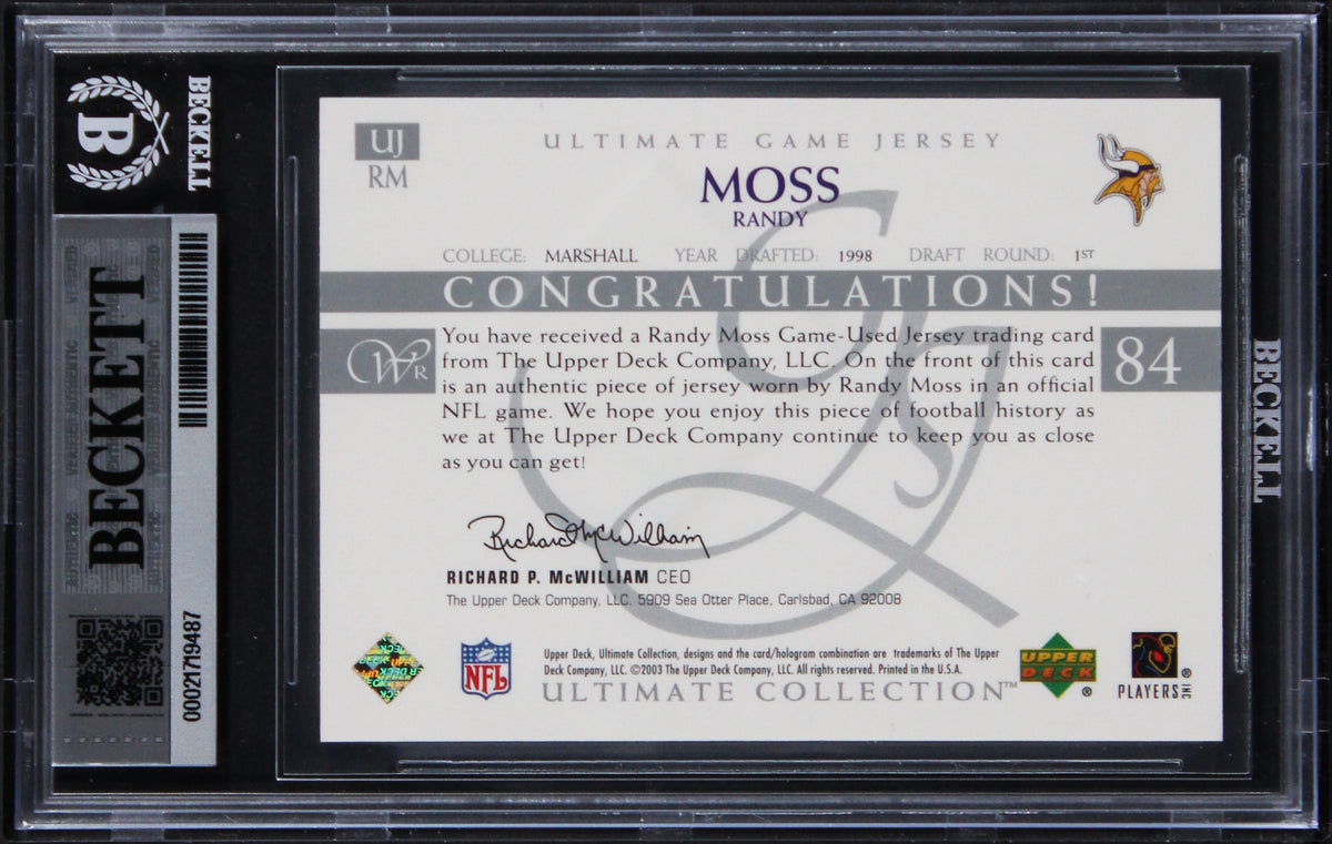 Randy Moss Signed 2003 Ultimate Jerseys #UJRM 132/250 Card Auto 10! BAS Slabbed