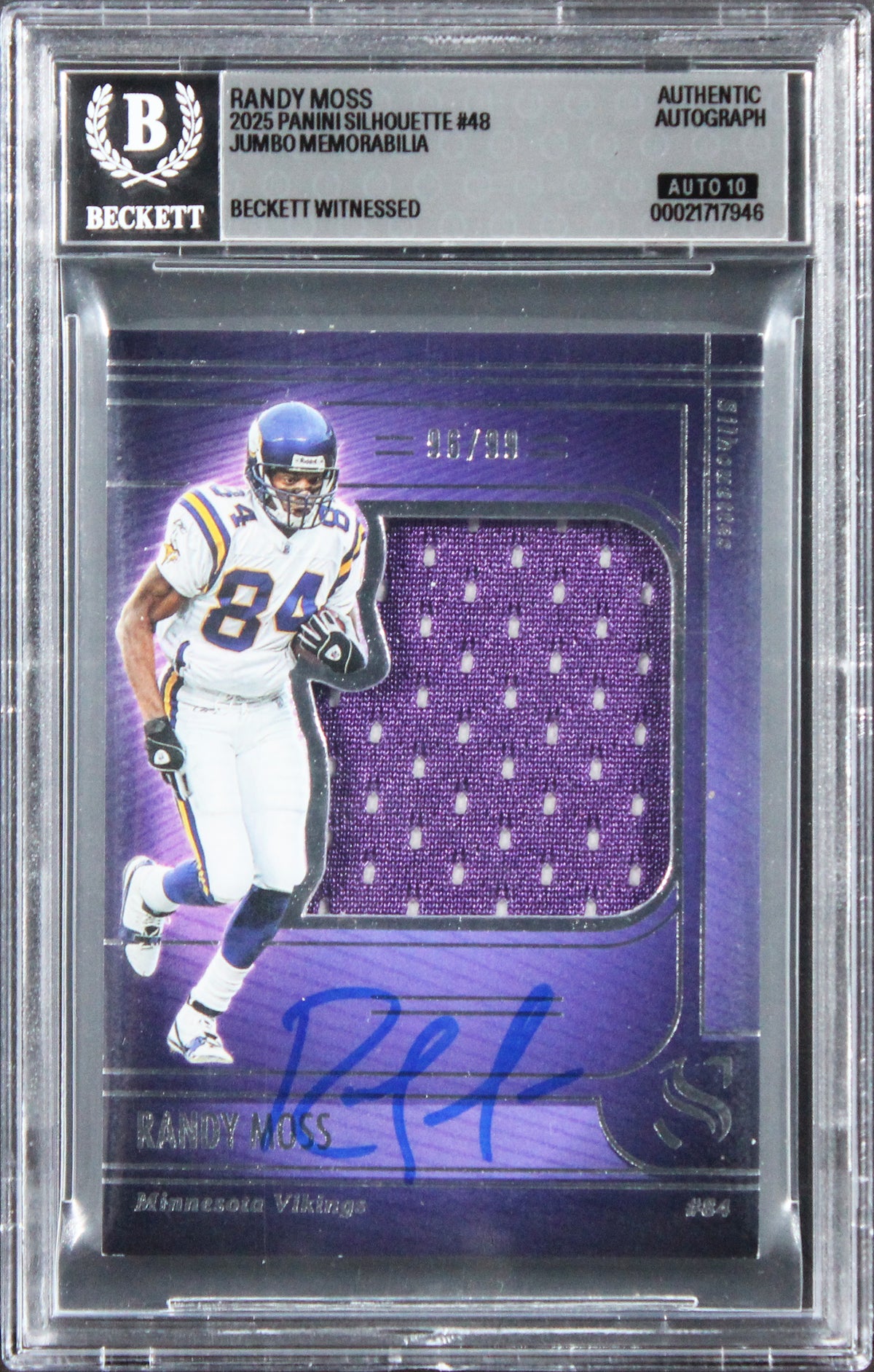 Vikings Randy Moss Signed 2025 Panini Silhouette #48 96/99 Card Auto 10 BAS Slab