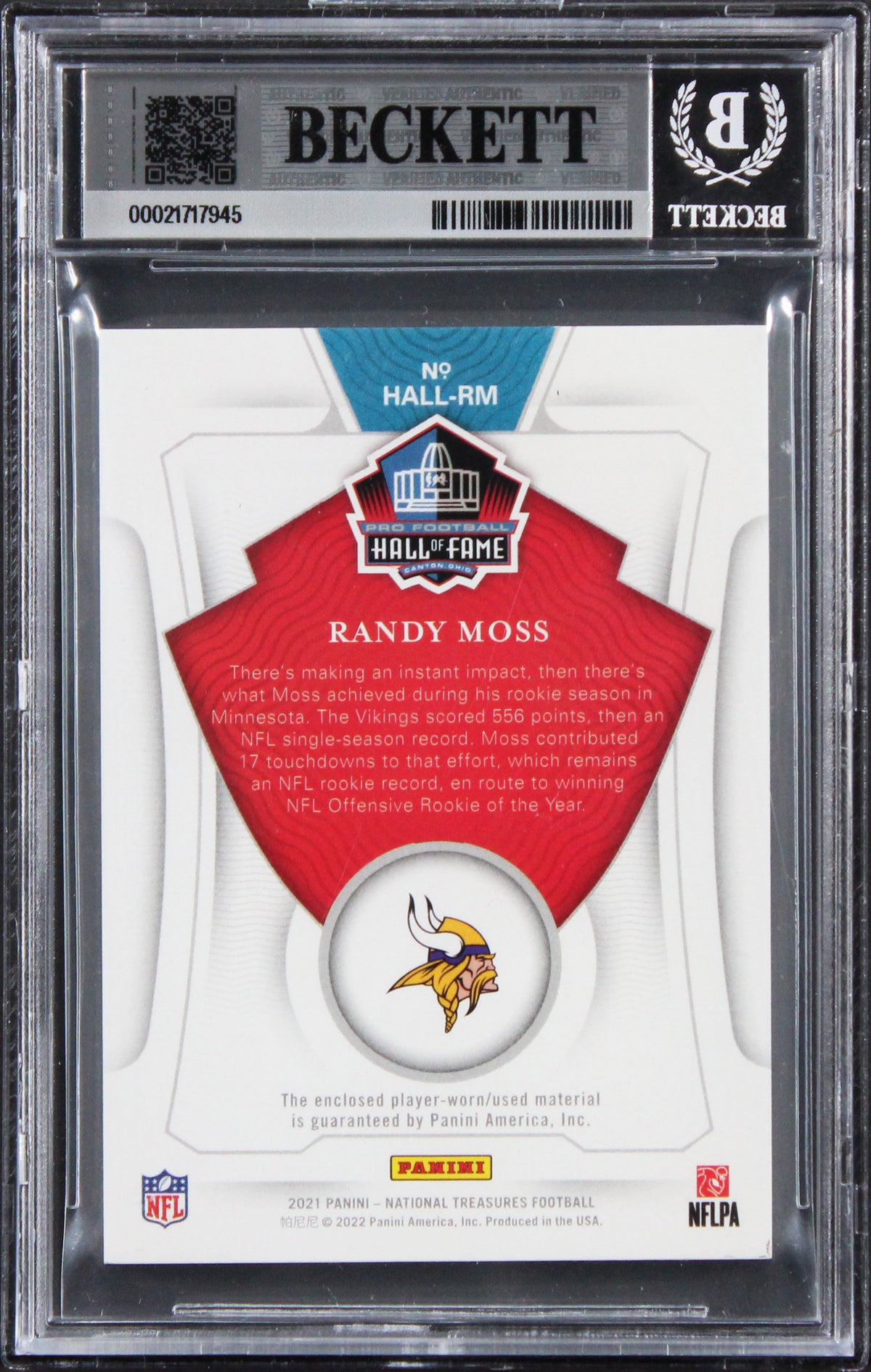 Vikings Randy Moss Signed 2021 National Treasures #3 45/99 Card Auto 10 BAS Slab