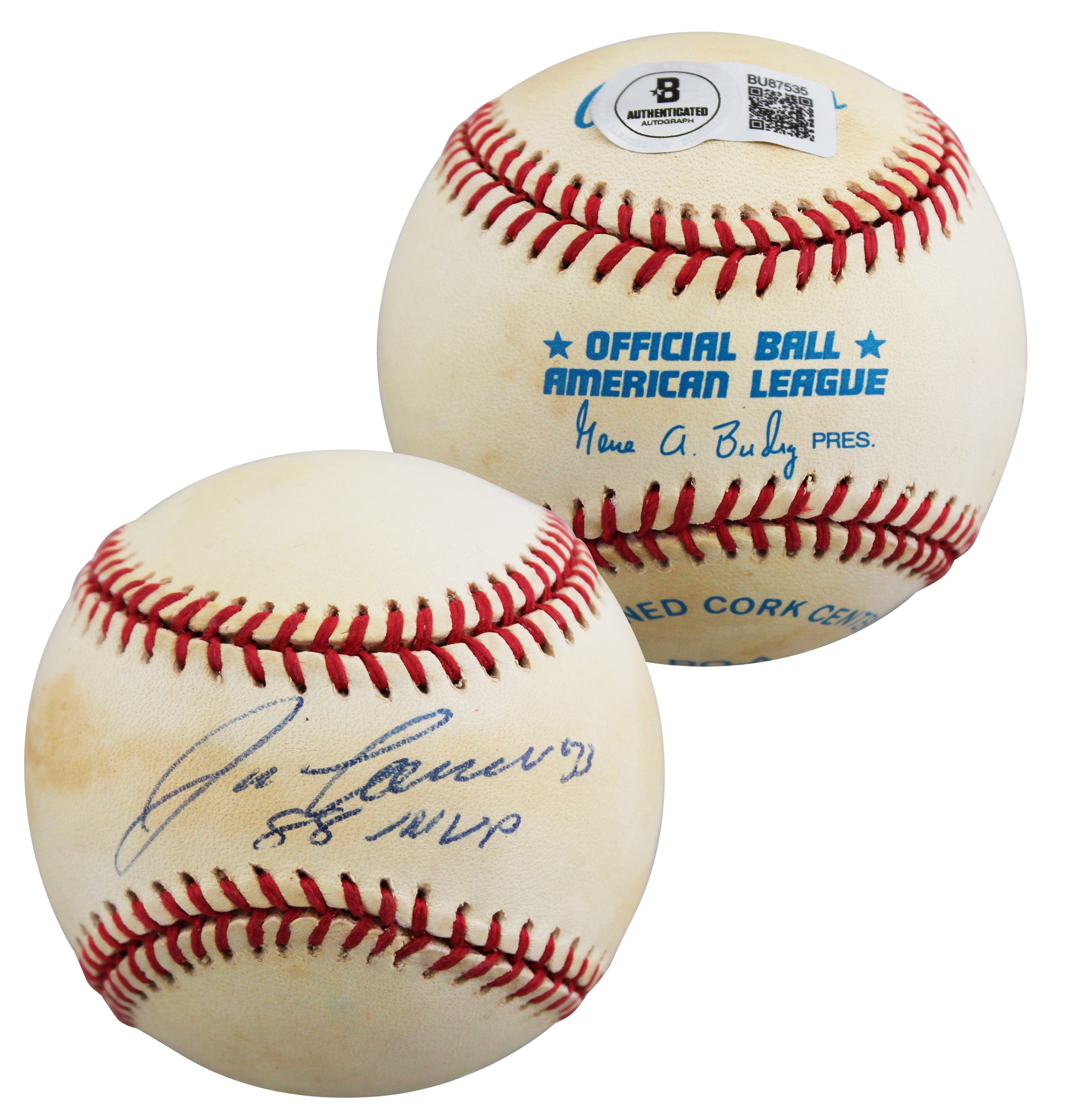 Athletics Jose Canseco "88 MVP" Signed Gene Budig OAL Baseball BAS #BU87535