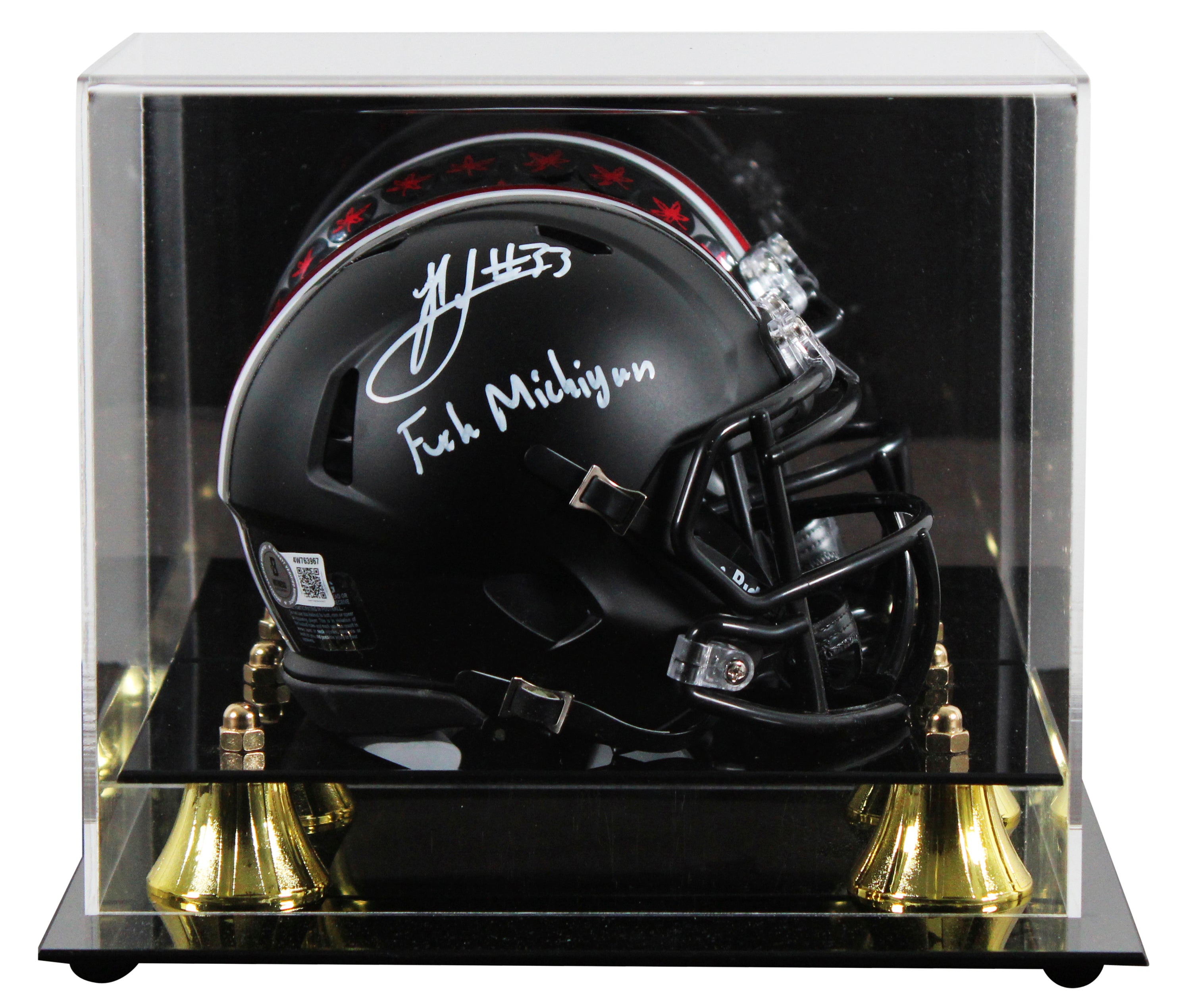 OSU Jack Sawyer "F*** Michigan" Signed Black Speed Mini Helmet W/ Case BAS Wit