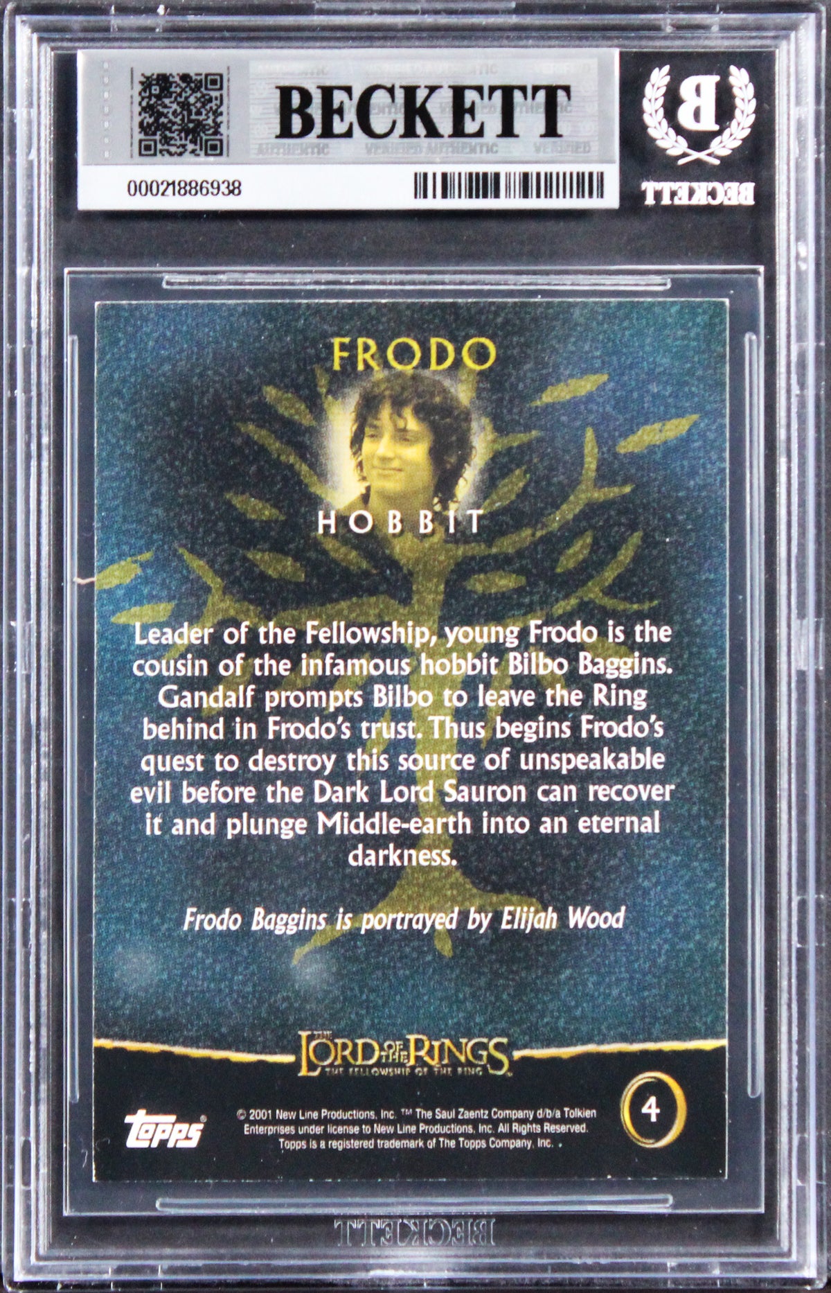 Elijah Wood "Frodo" Signed 2001 Topps LOTR Frodo #4 Card Auto GM 10! BAS Slabbed
