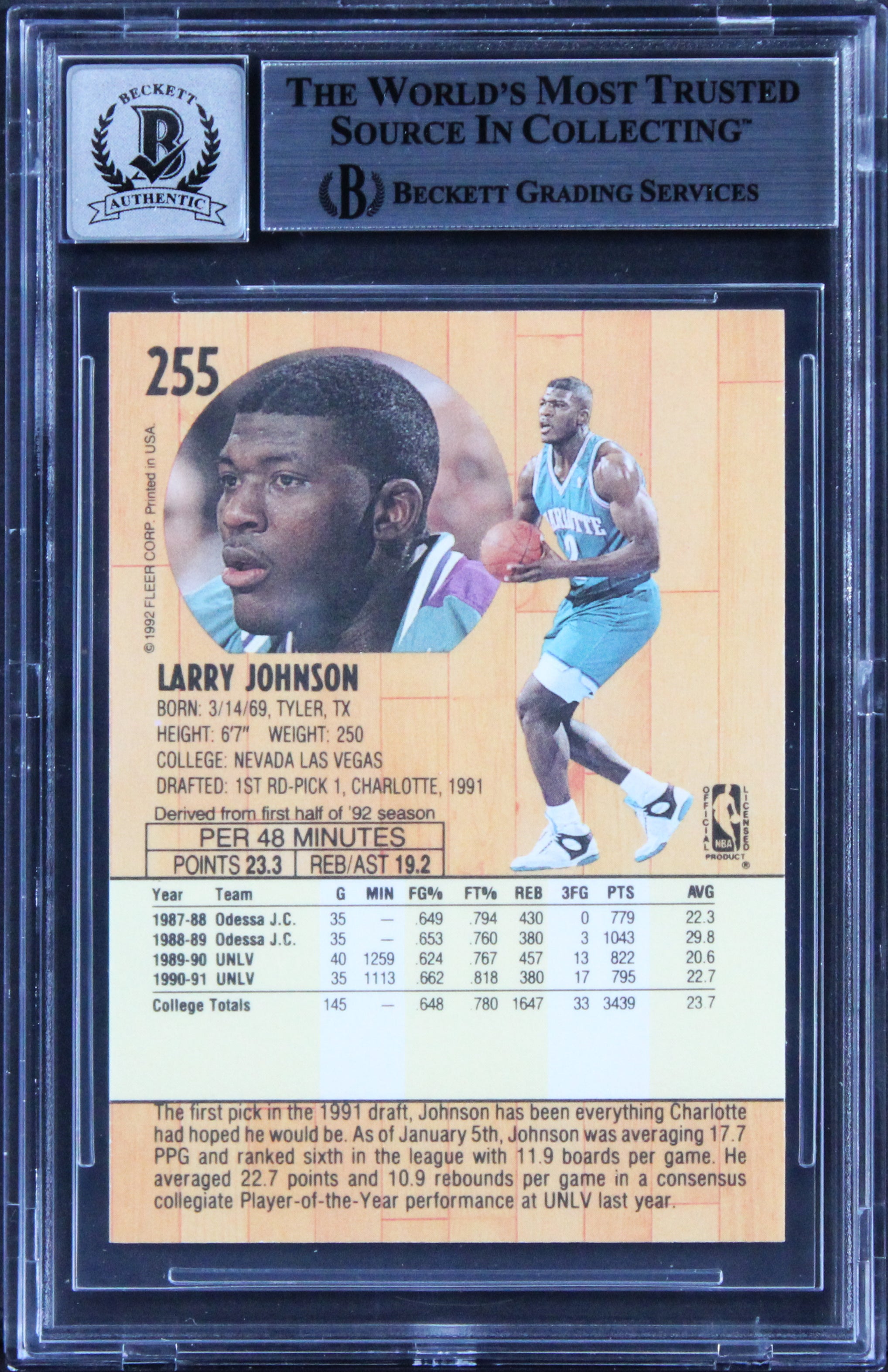 Hornets Larry Johnson Signed 1991 Fleer #256 Card Auto Graded 10! BAS Slabbed