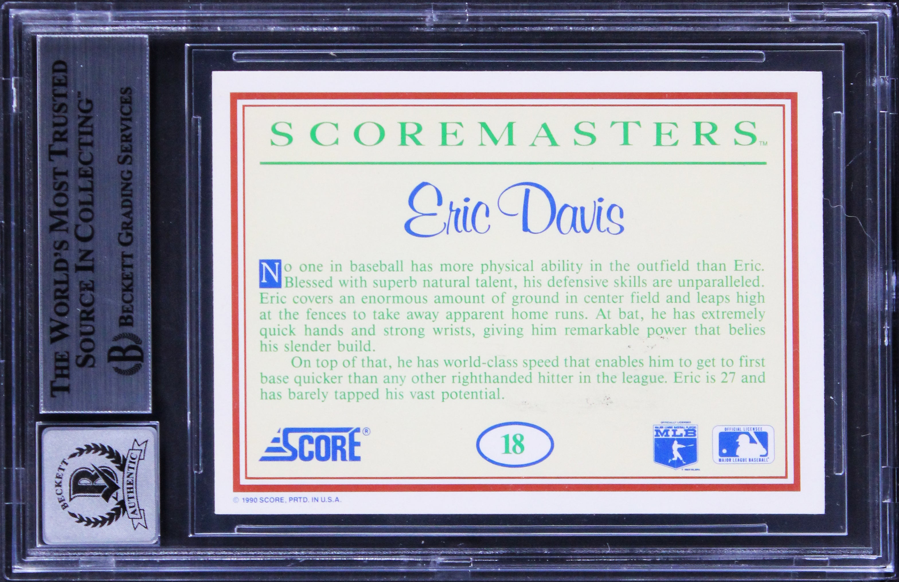 Reds Eric Davis Signed 1990 Score #185 Card Auto Graded Gem Mint 10! BAS Slabbed