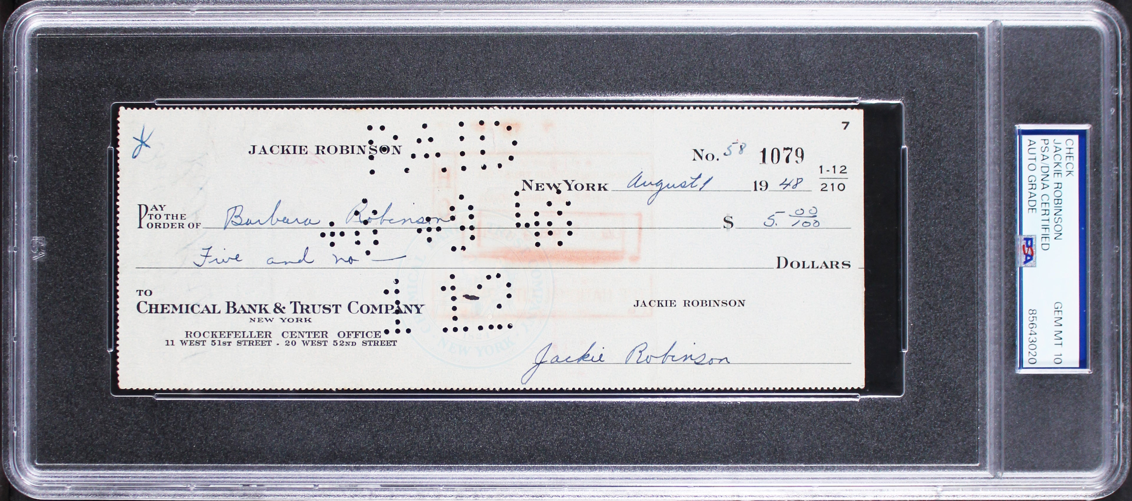 Dodgers Jackie Robinson Signed 3x8.15 1948 Check Auto Graded 10! PSA/DNA Slabbed