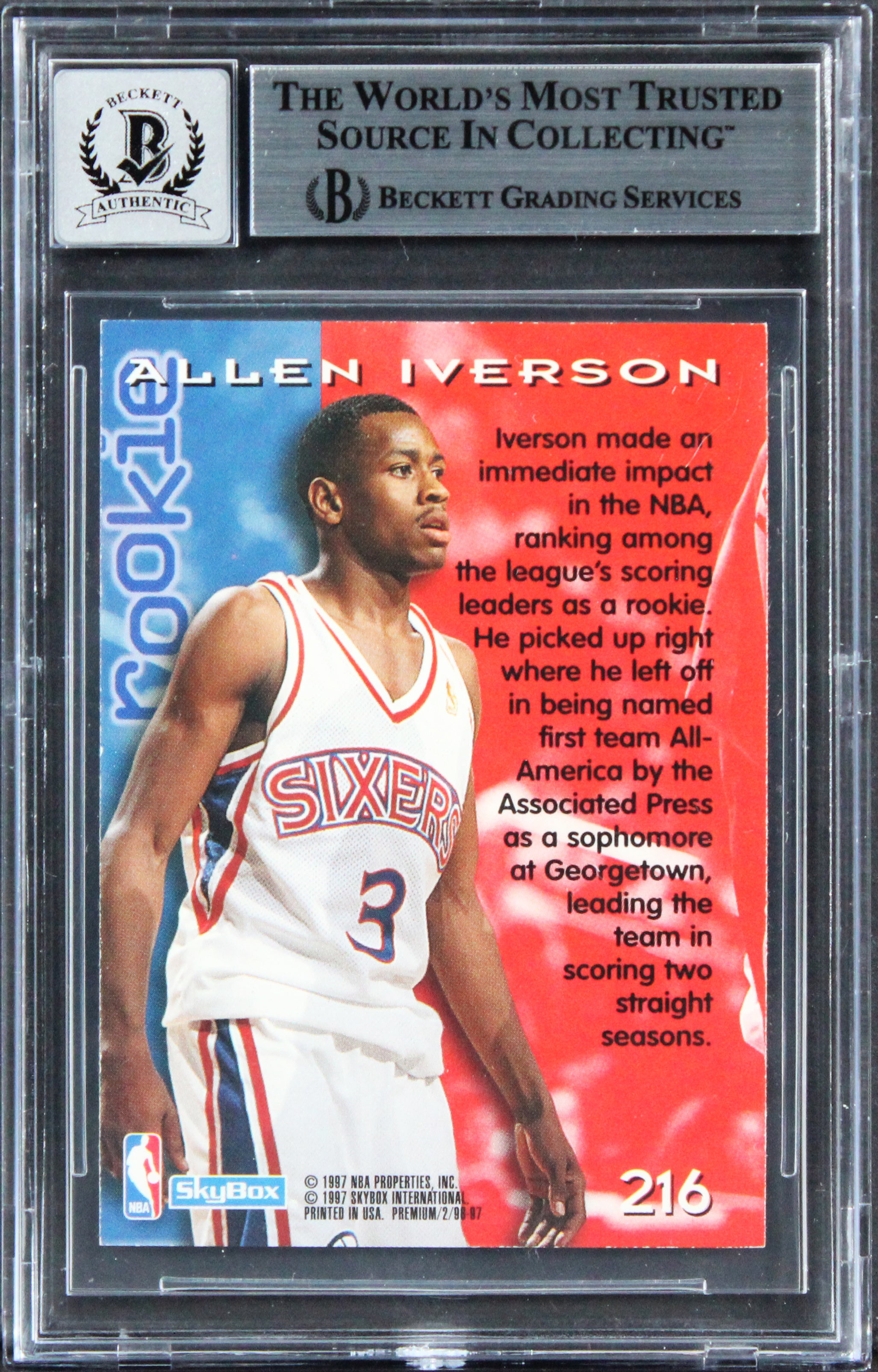 76ers Allen Iverson Signed 1996 Skybox Premium #218 RC Card Auto 10! BAS Slabbed