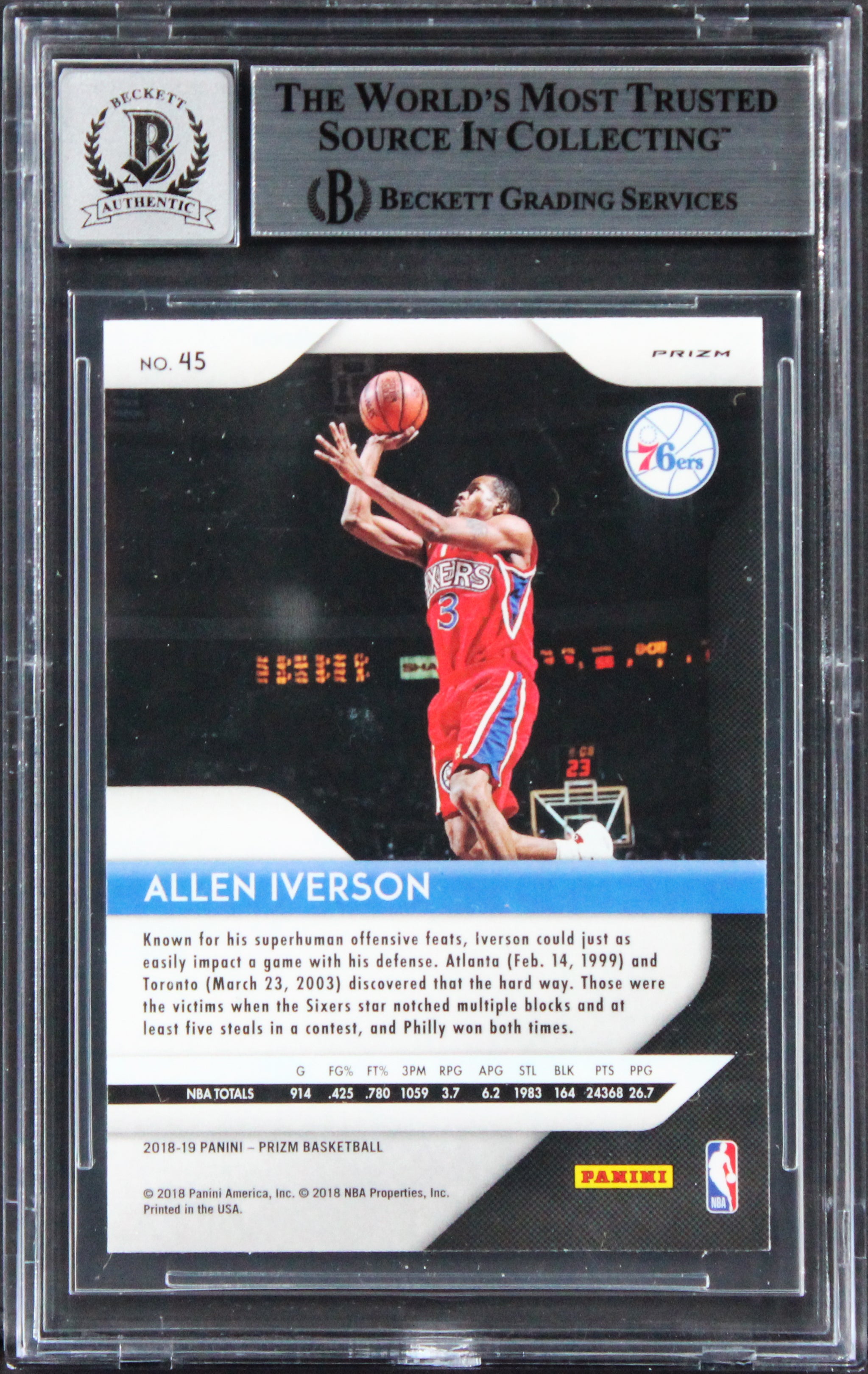 76ers Allen Iverson Signed 2018 Panini Prizm Green #45 Card Auto 10! BAS Slabbed