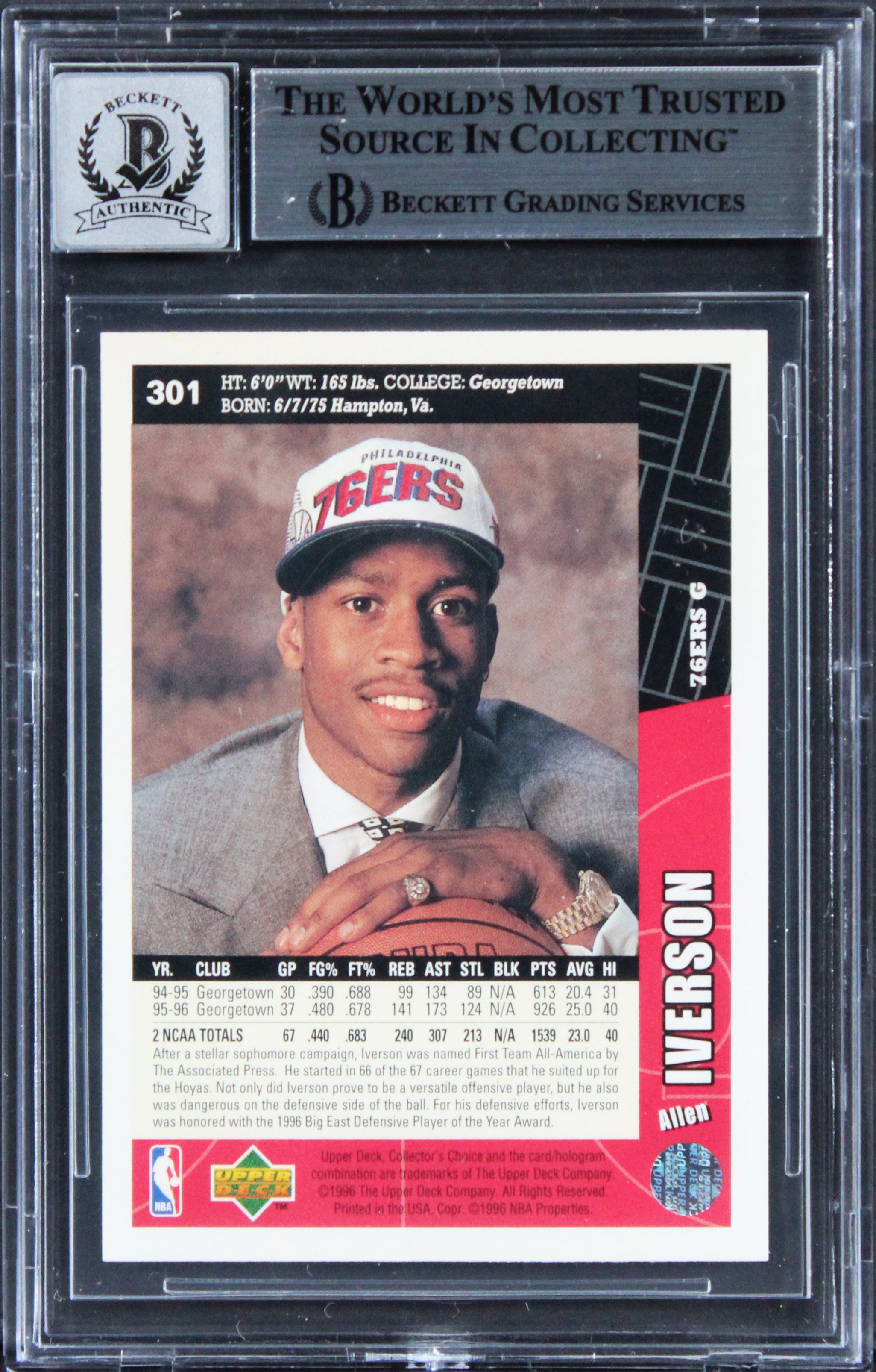 76ers Allen Iverson Signed 1996 Collectors Choice #301 RC Card Auto 10! BAS Slab