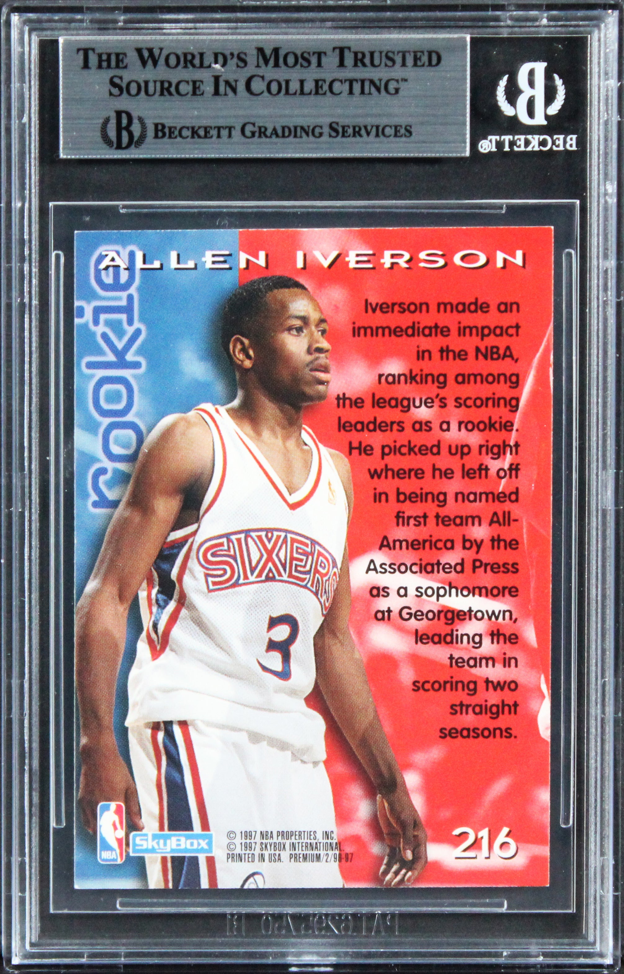 76ers Allen Iverson Signed 1996 Skybox Premium #216 Rookie Card BAS Slabbed