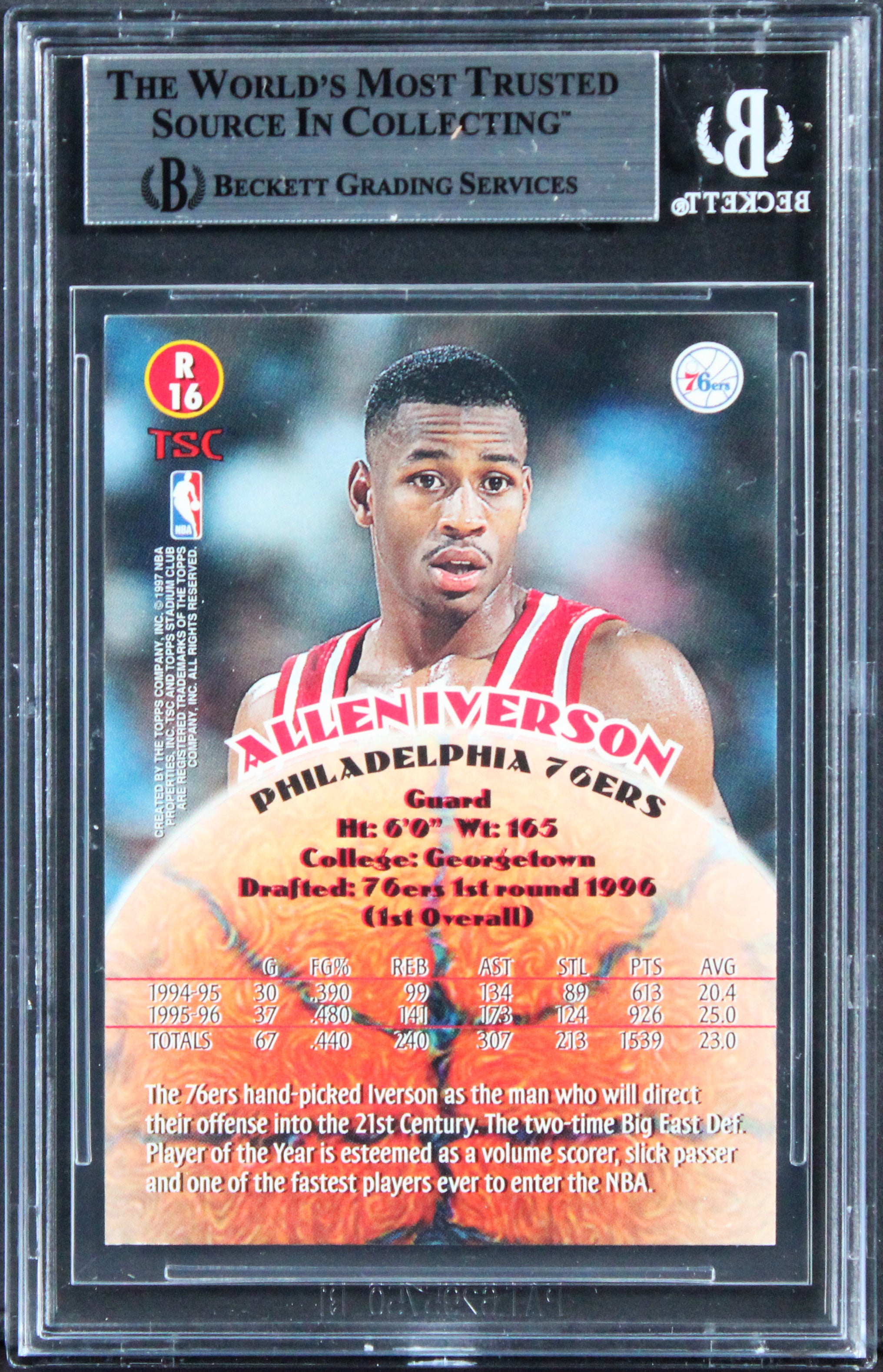 76ers Allen Iverson Signed 1996 Stadium Club #R16 Rookie Card BAS Slabbed