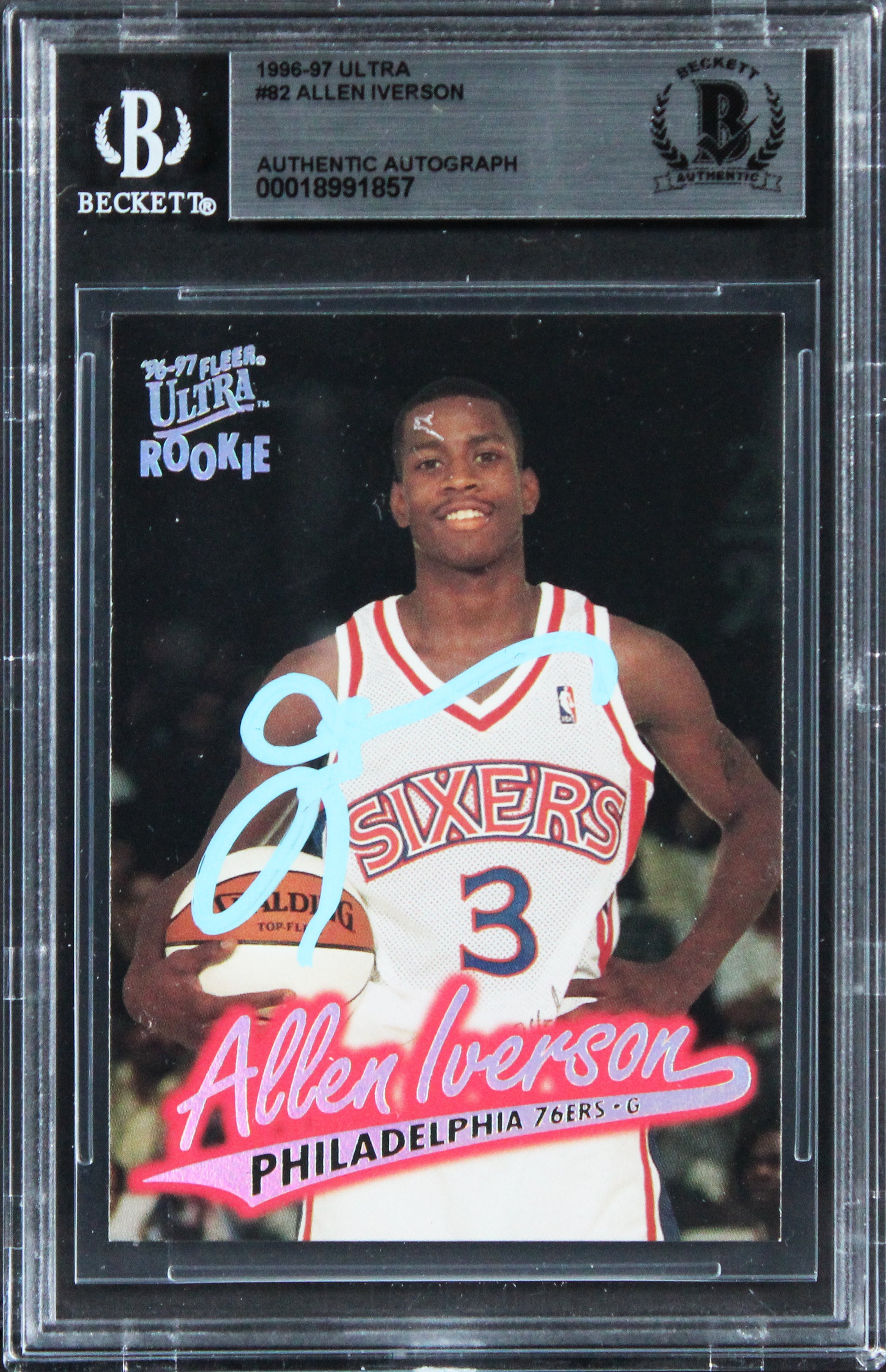 76ers Allen Iverson Authentic Signed 1996 Ultra #82 Rookie Card BAS Slabbed