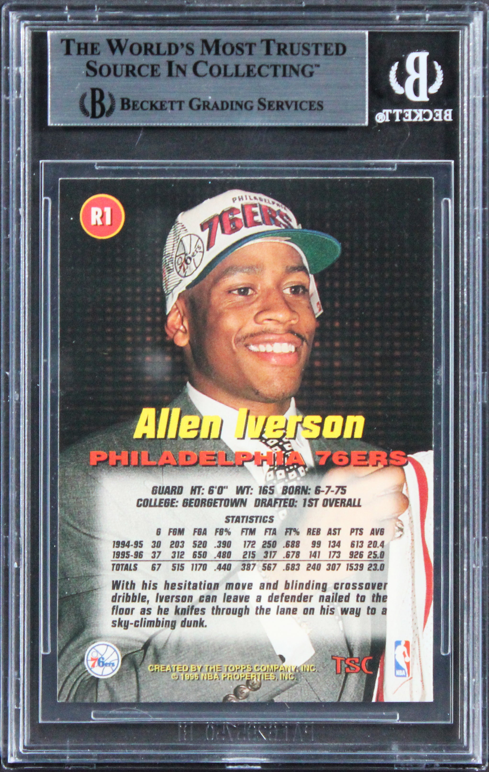 76ers Allen Iverson Signed 1996 Stadium Club Rookies 1 #R1 Rookie Card BAS Slab