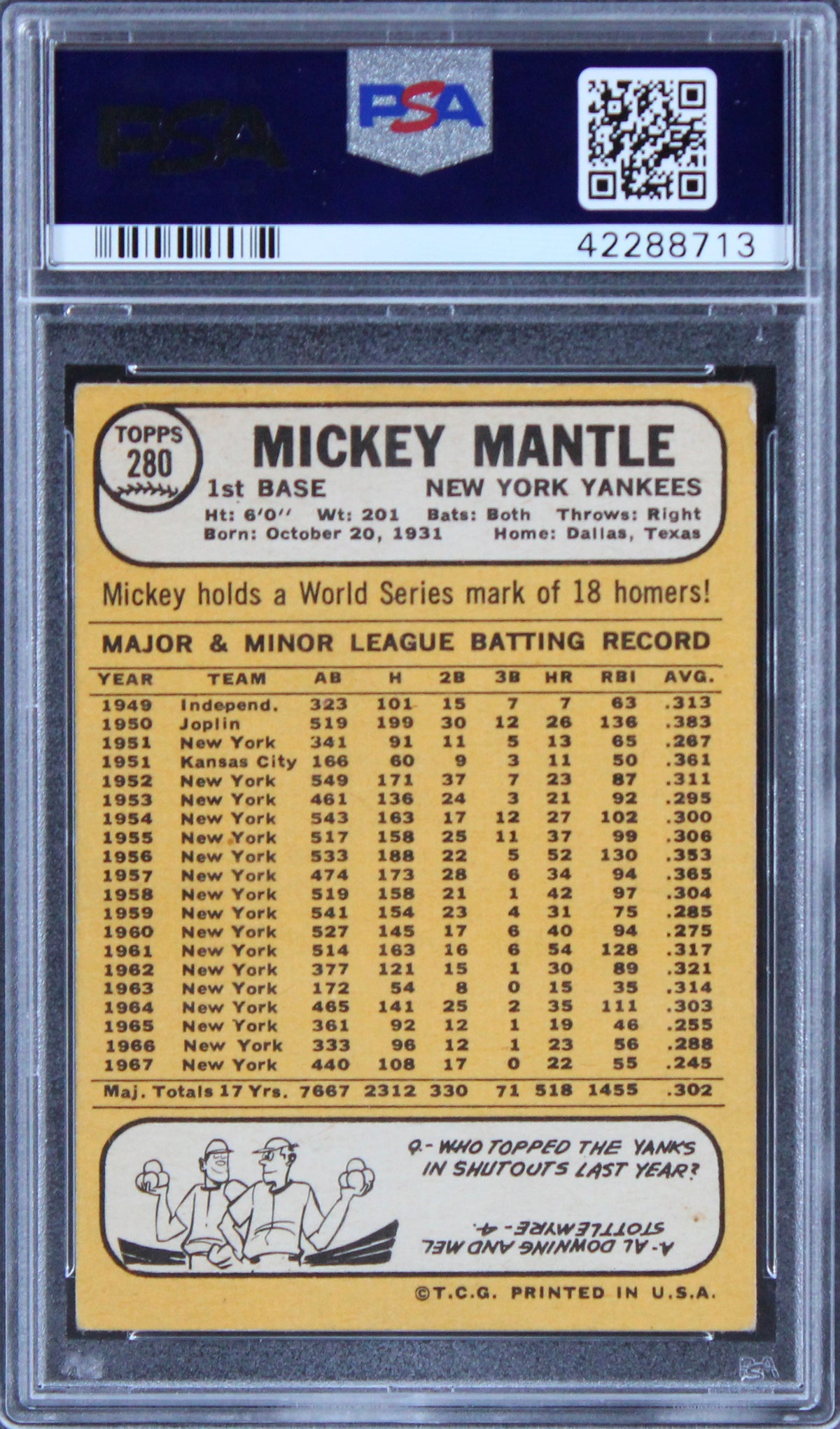 Yankees Mickey Mantle Signed 1968 Topps #280 Card Graded VG-EX 4 PSA/DNA Slabbed