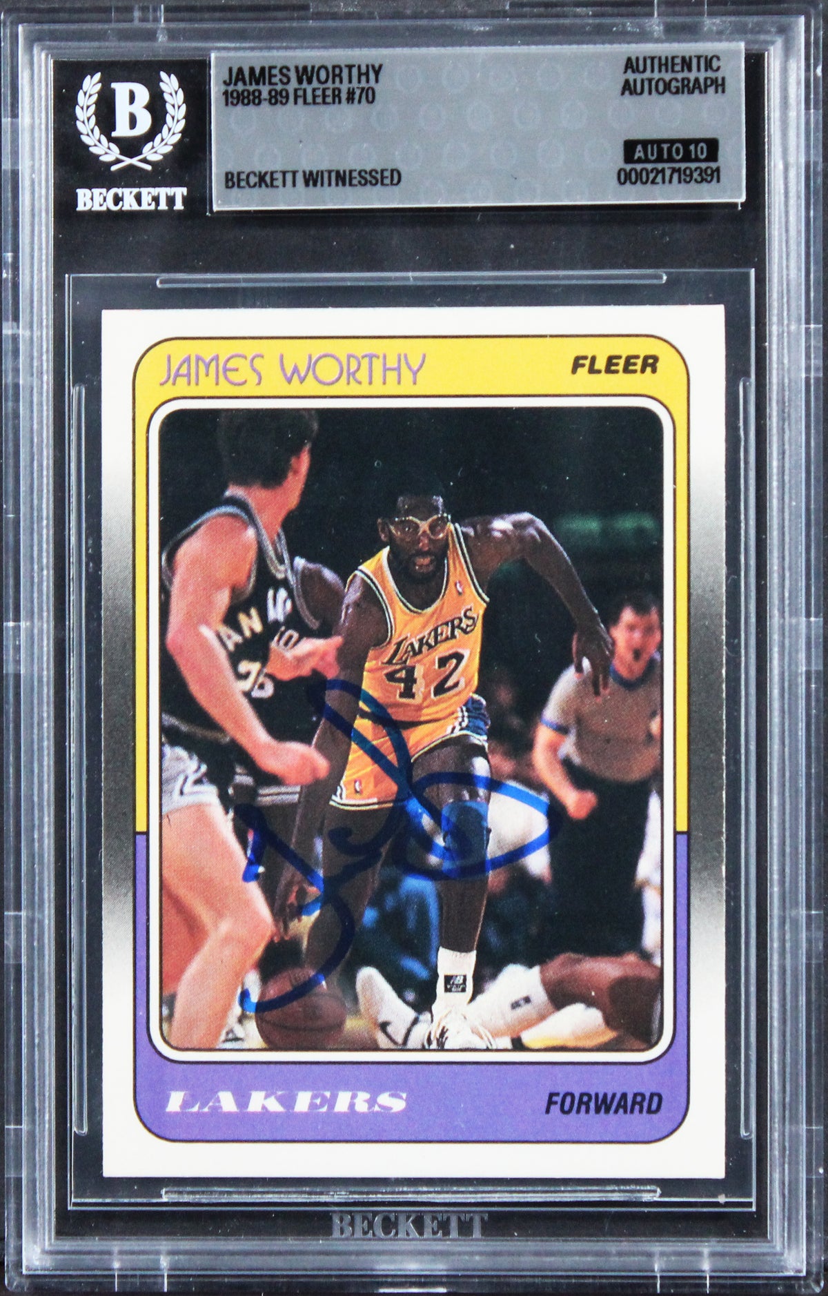 Lakers James Worthy Signed 1988 Fleer #70 Card Auto Grade GM 10! BAS Slabbed