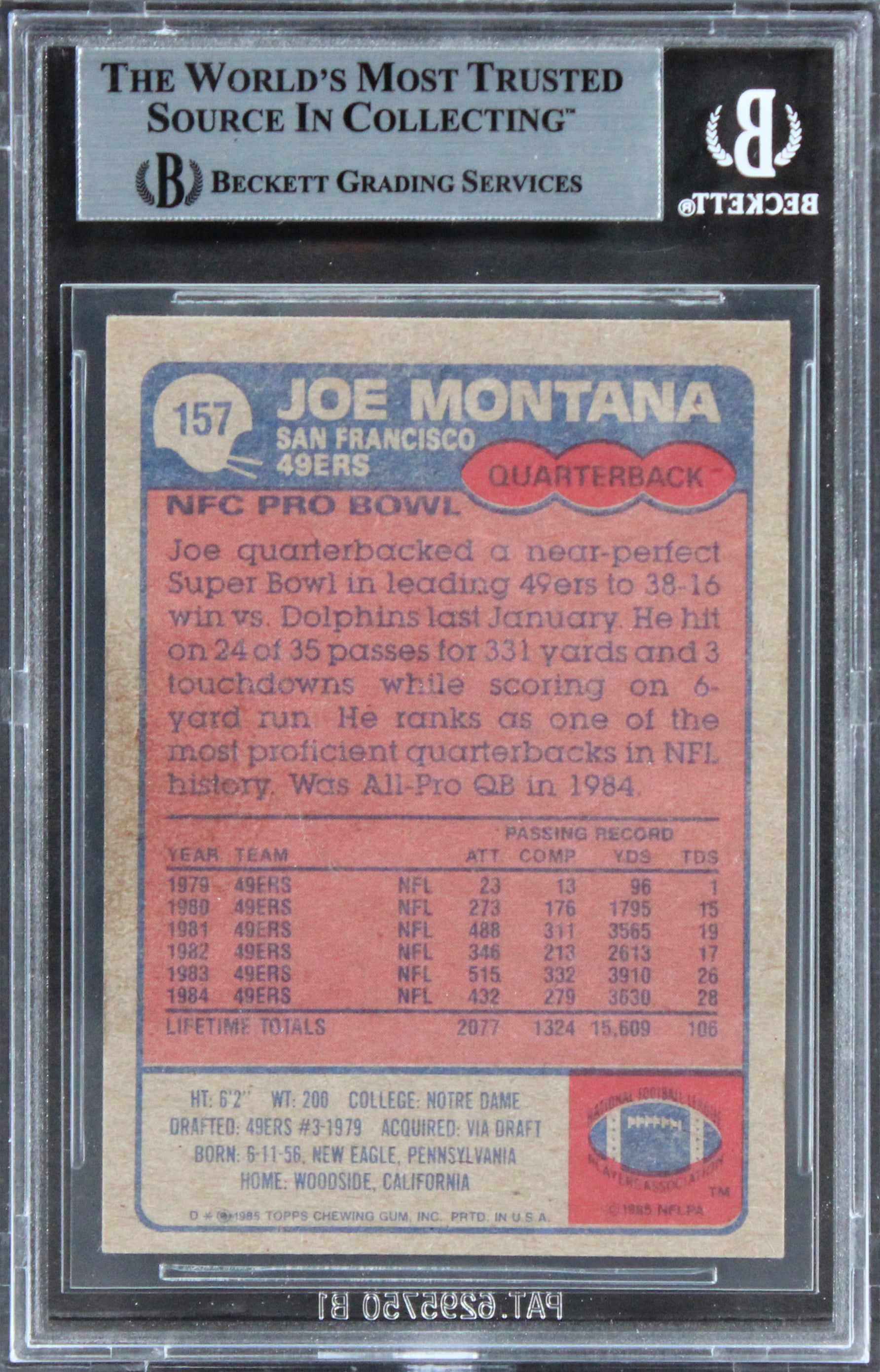 49ers Joe Montana Authentic Signed 1985 Topps #157 Card BAS Slabbed