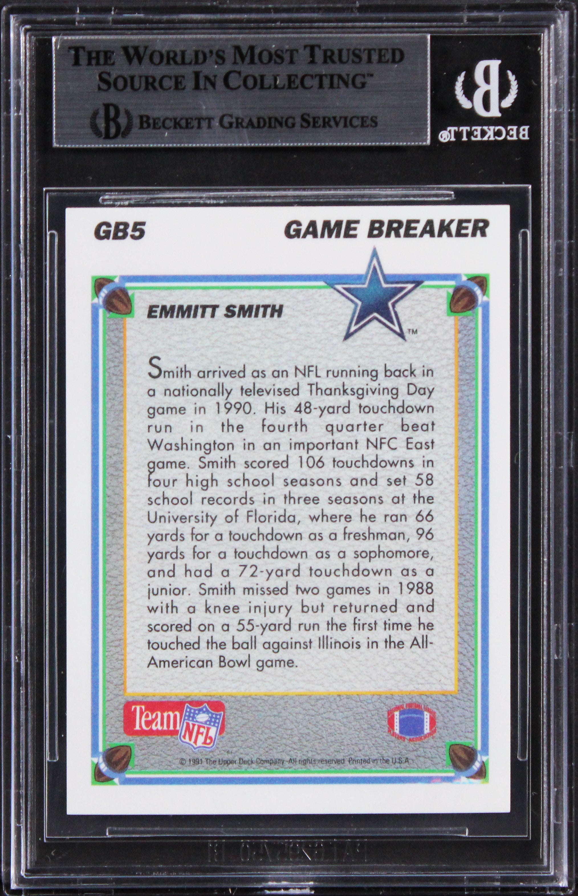 Cowboys Emmitt Smith Signed 1991 Upper Deck Game Breaker Holo #GB5 Card BAS Slab