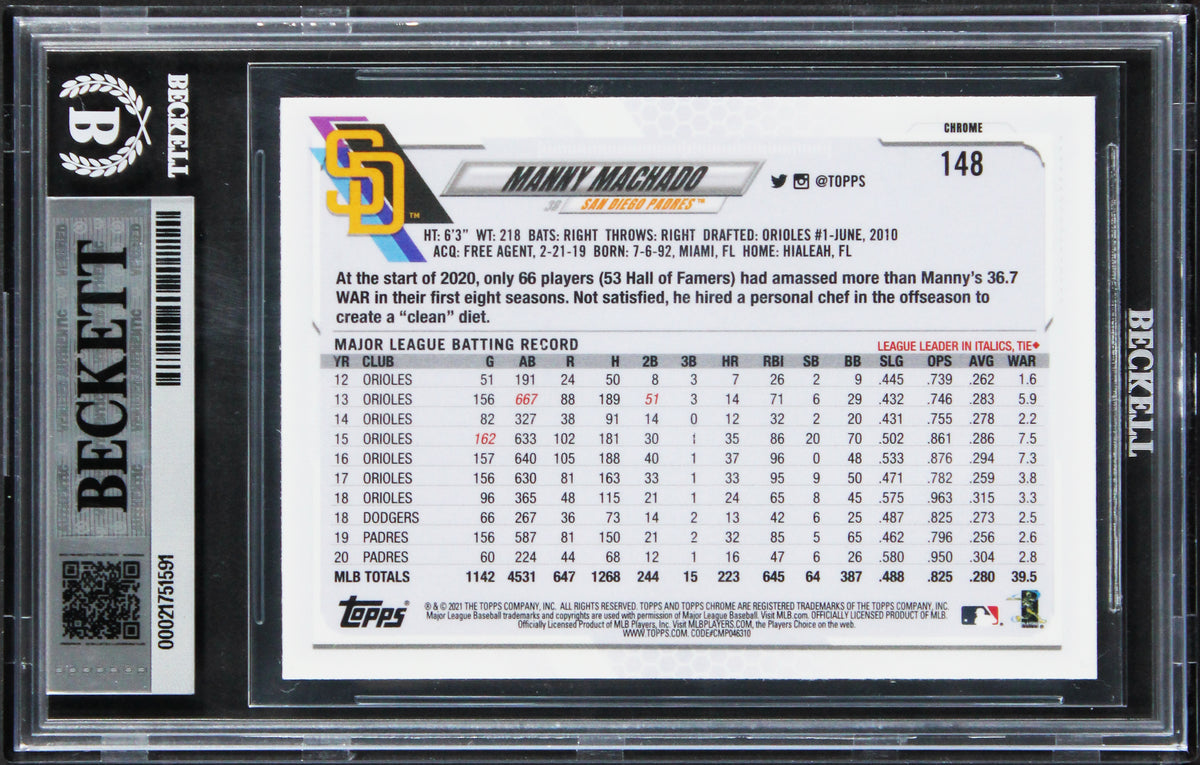 Padres Manny Machado Authentic Signed 2021 Topps Chrome #148 Card BAS Slabbed