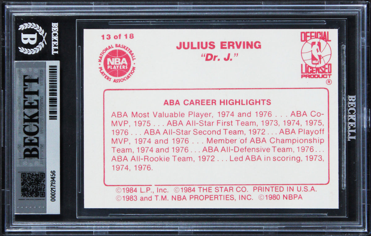 76ers Julius Erving Signed 1984 Star #13 Card Auto Grade GM 10! BAS Slabbed
