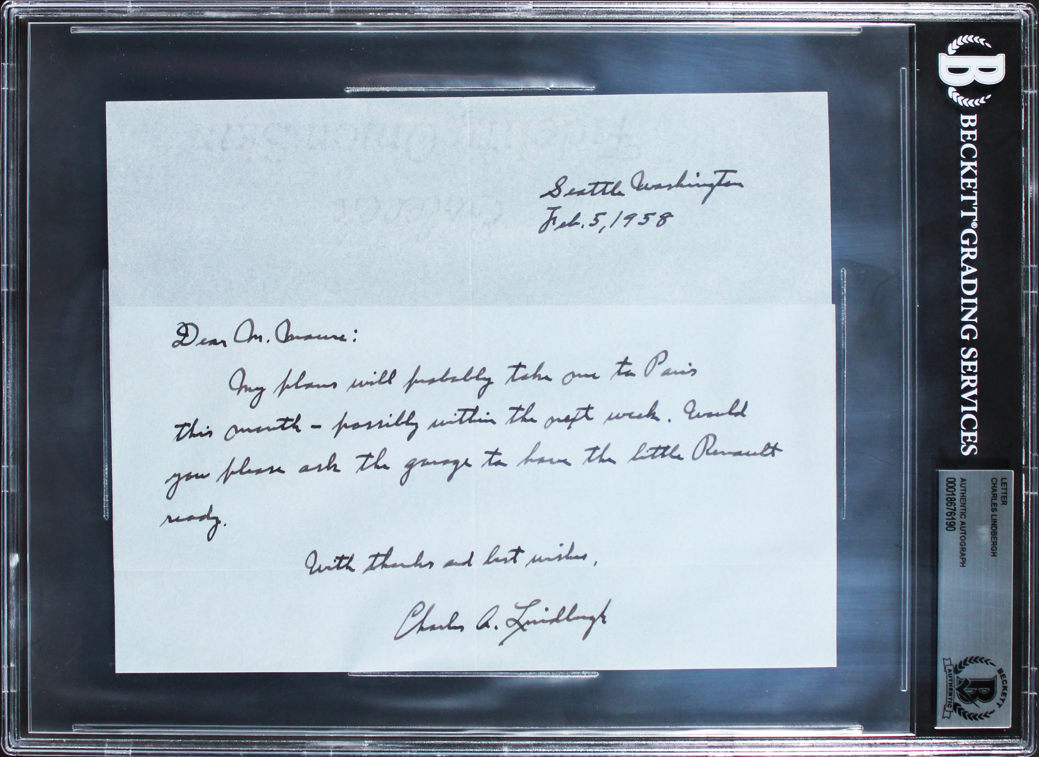 Charles Lindbergh Signed 6.75x8.5 Handwritten Letter Dated Feb. 5, 1958 BAS Slab