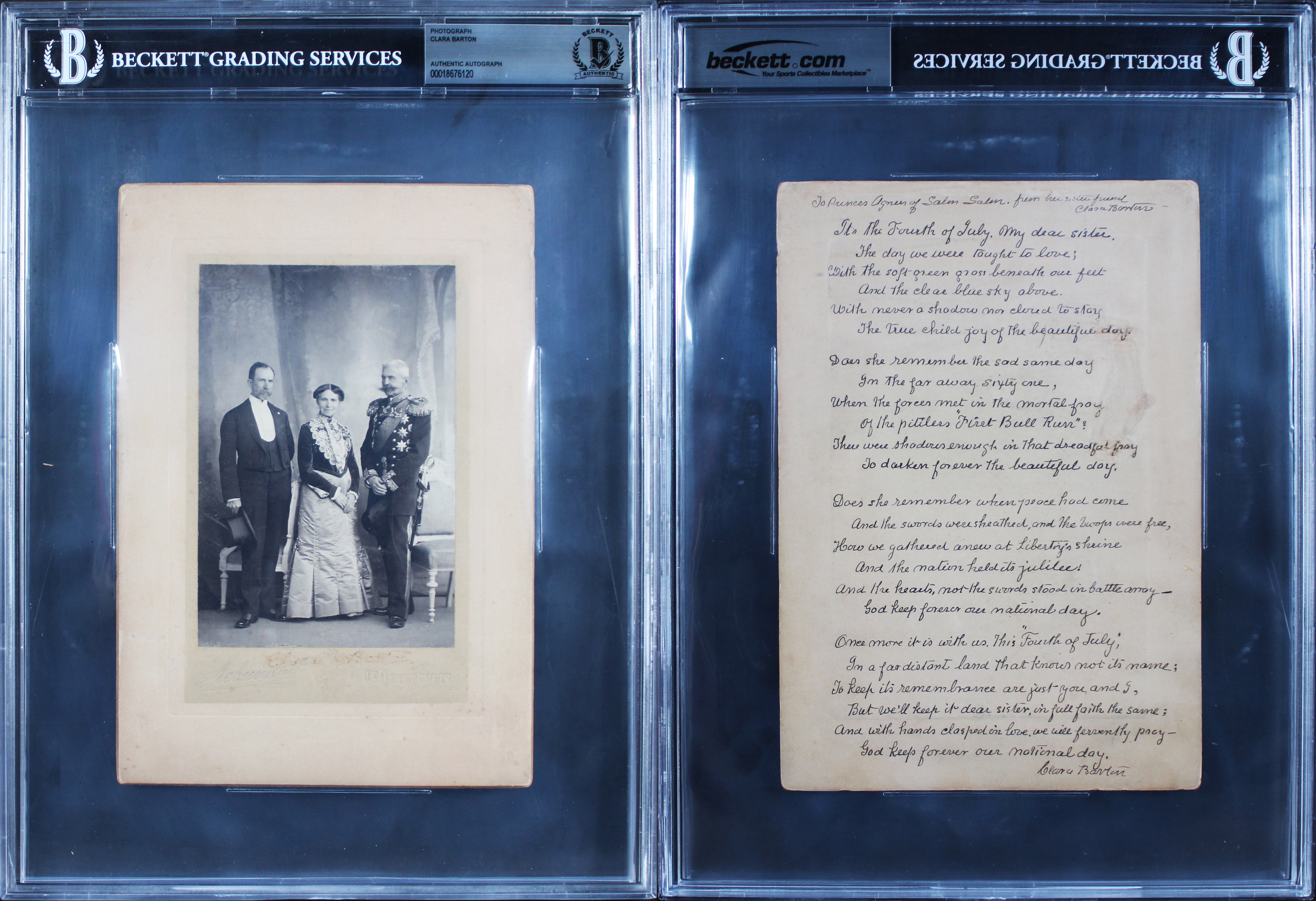 Clara Barton 2x Signed 6x8.75 1902 Boudoir Photo w Handwritten Poem BAS Slabbed