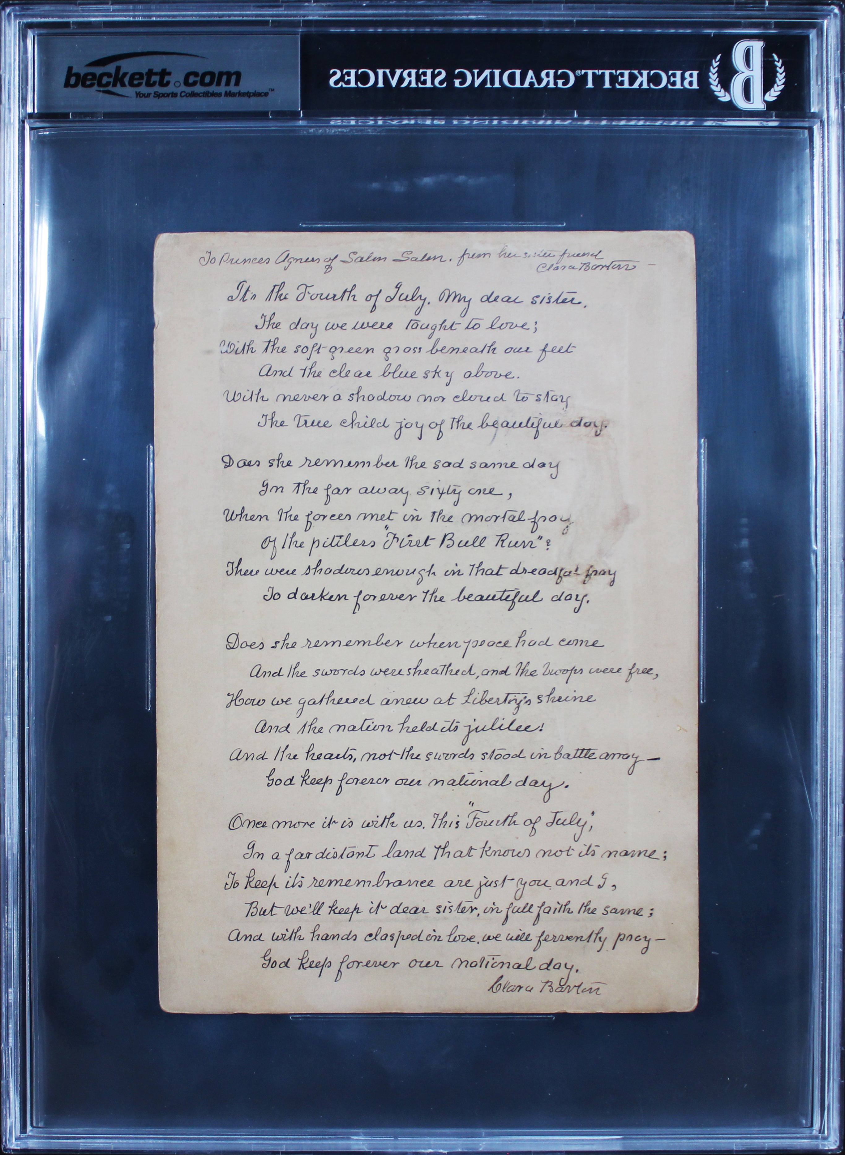 Clara Barton 2x Signed 6x8.75 1902 Boudoir Photo w Handwritten Poem BAS Slabbed