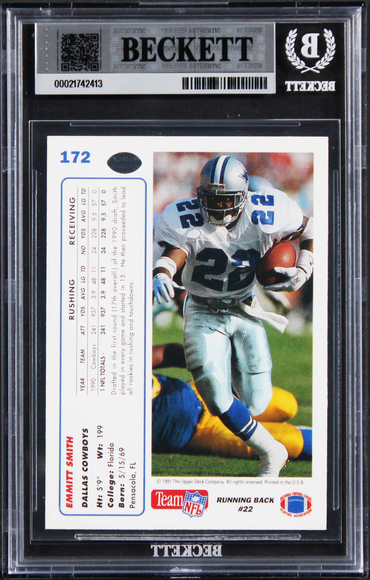 Cowboys Emmitt Smith Signed 1991 Upper Deck #172 Card Auto Grade 10! BAS Slabbed