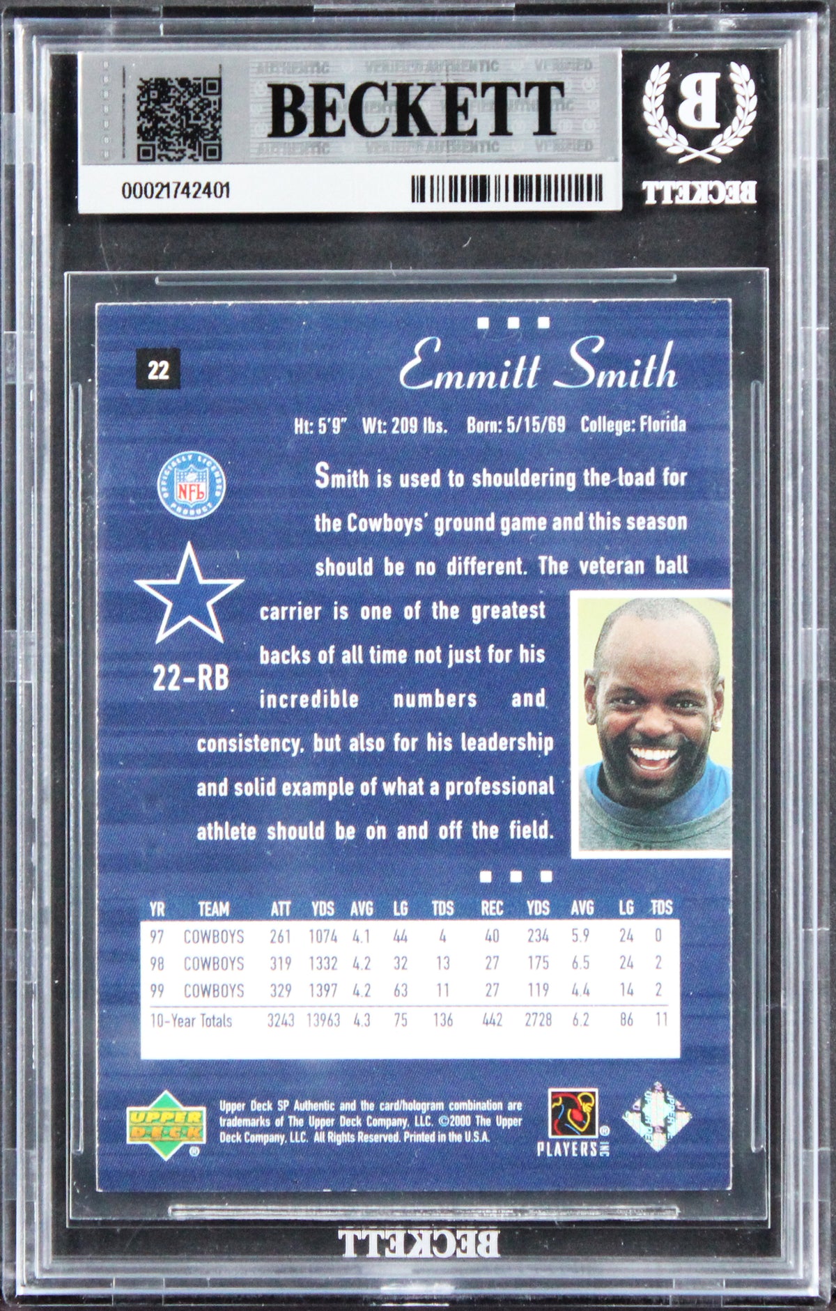 Cowboys Emmitt Smith Signed 2000 SP Authentic #22 Card Auto Grade 10 BAS Slabbed
