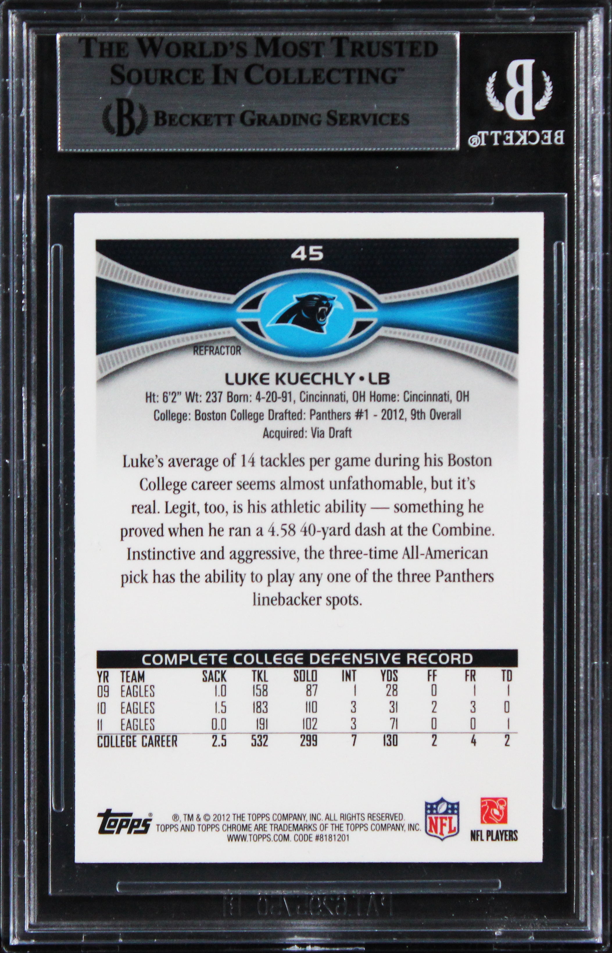 Panthers Luke Kuechly Signed 2012 Topps Chrome Xfractors #45 RC Card BAS Slabbed
