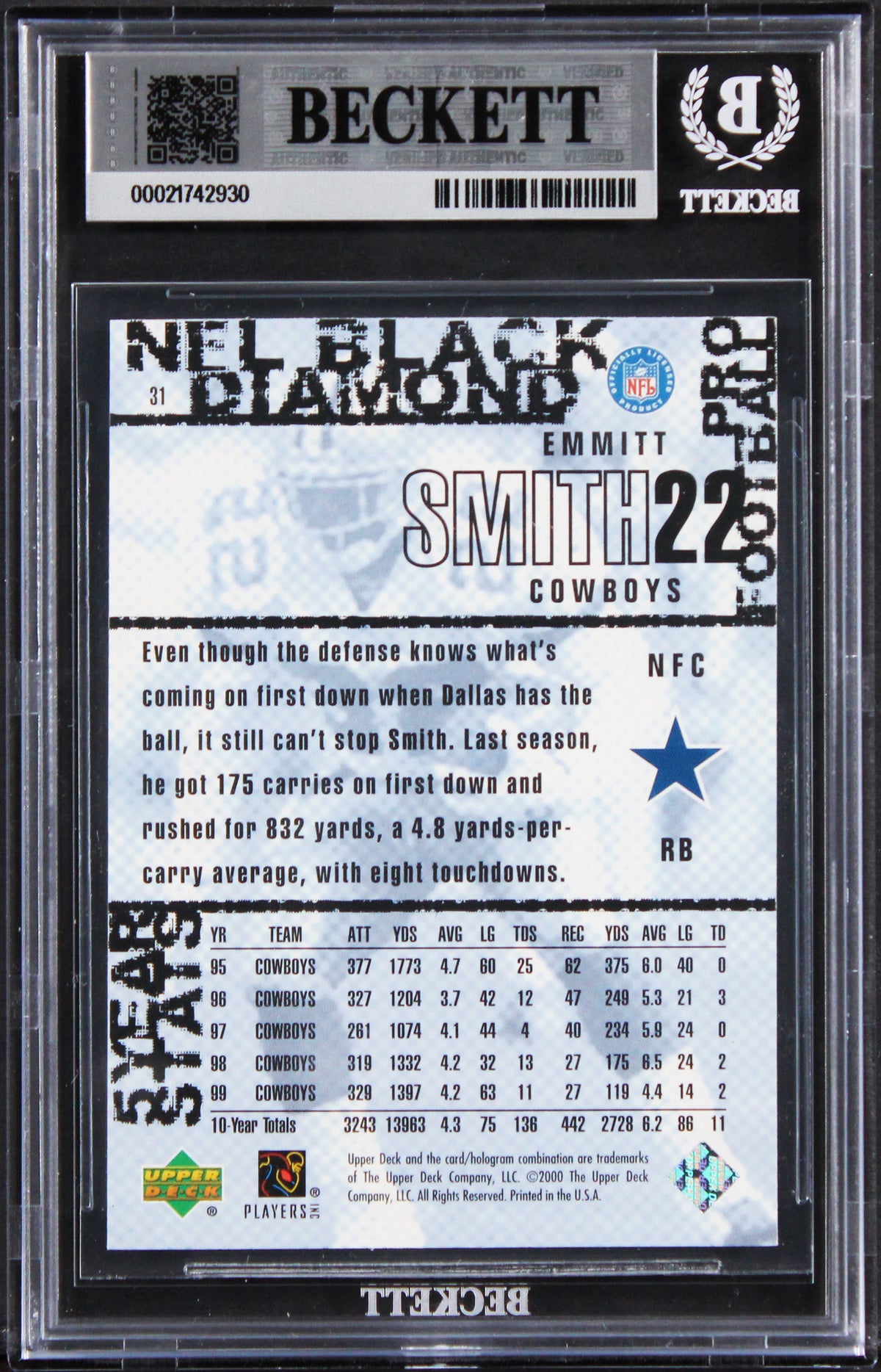 Cowboys Emmitt Smith Signed 2000 Black Diamond #31 Card Auto GM 10! BAS Slabbed