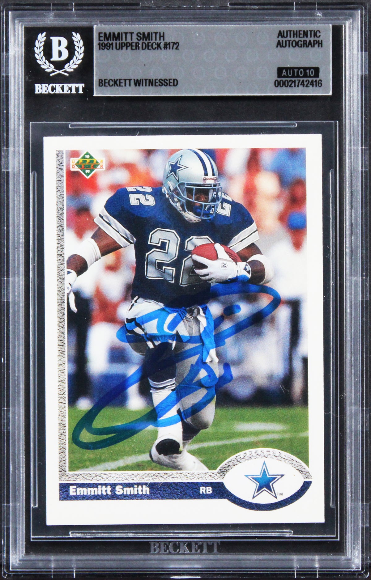 Cowboys Emmitt Smith Signed 1991 Upper Deck #172 Card Auto Grade 10! BAS Slabbed