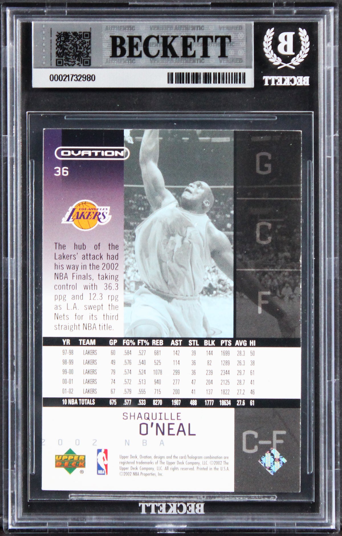 Lakers Shaquille O'Neal Signed 2002 Upper Deck Ovation #36 Card Auto 10 BAS Slab