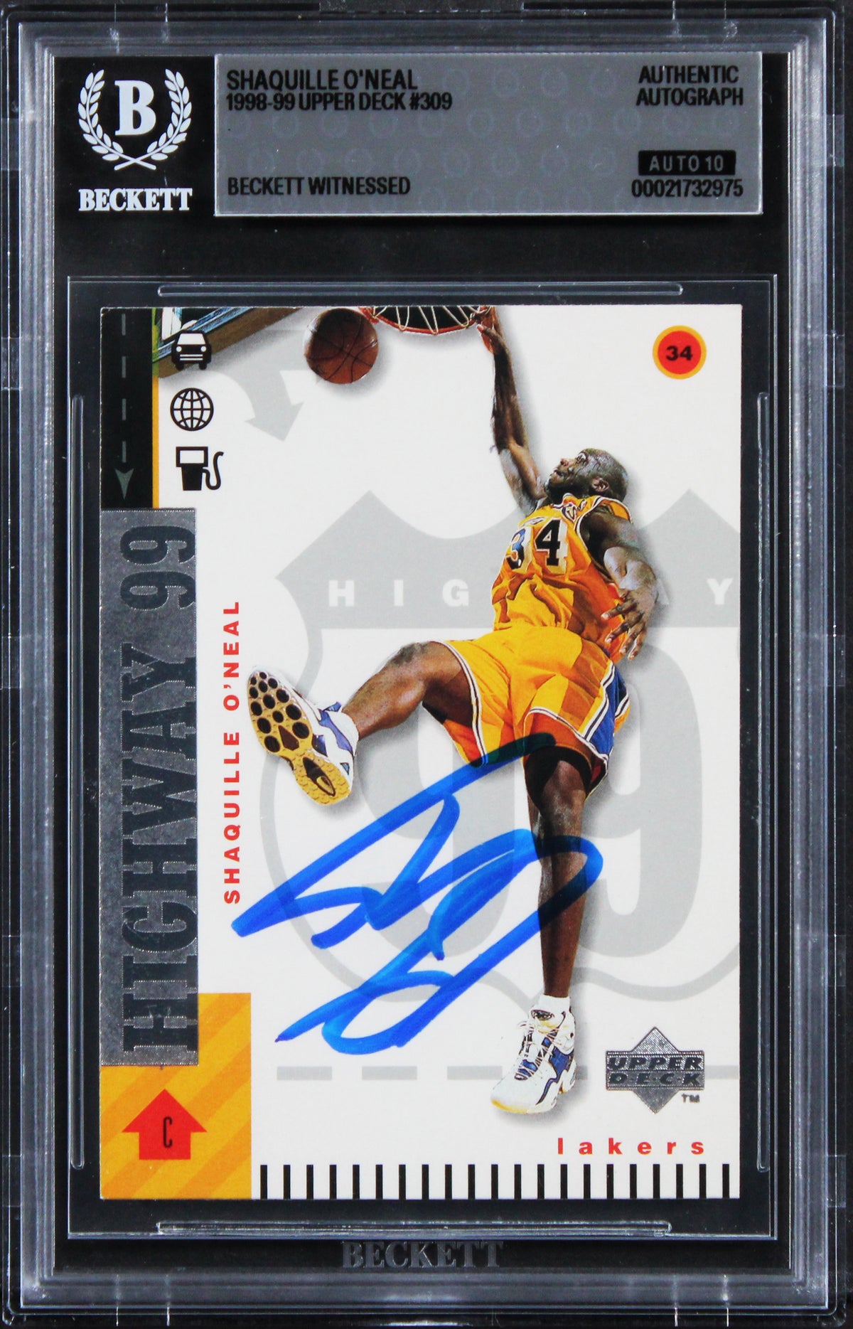 Lakers Shaquille O'Neal Signed 1998 Upper Deck #309 Card Auto GM 10! BAS Slabbed