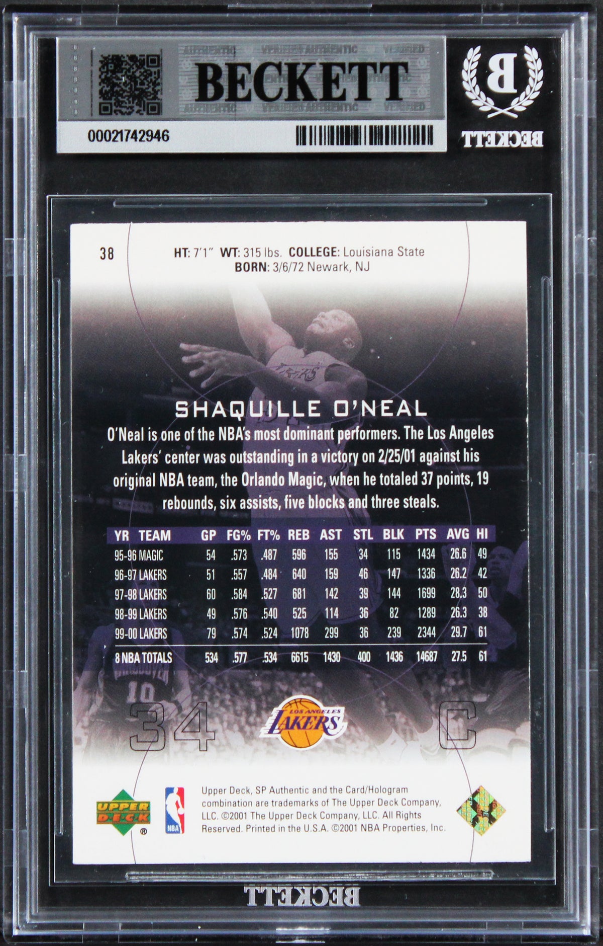 Lakers Shaquille O'Neal Signed 2000 SP Authentic #38 Card Auto 10! BAS Slabbed