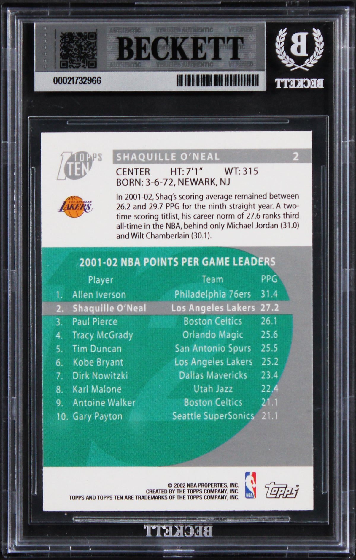 Lakers Shaquille O'Neal Signed 2002 Topps Ten #2 Card Auto GM 10! BAS Slabbed