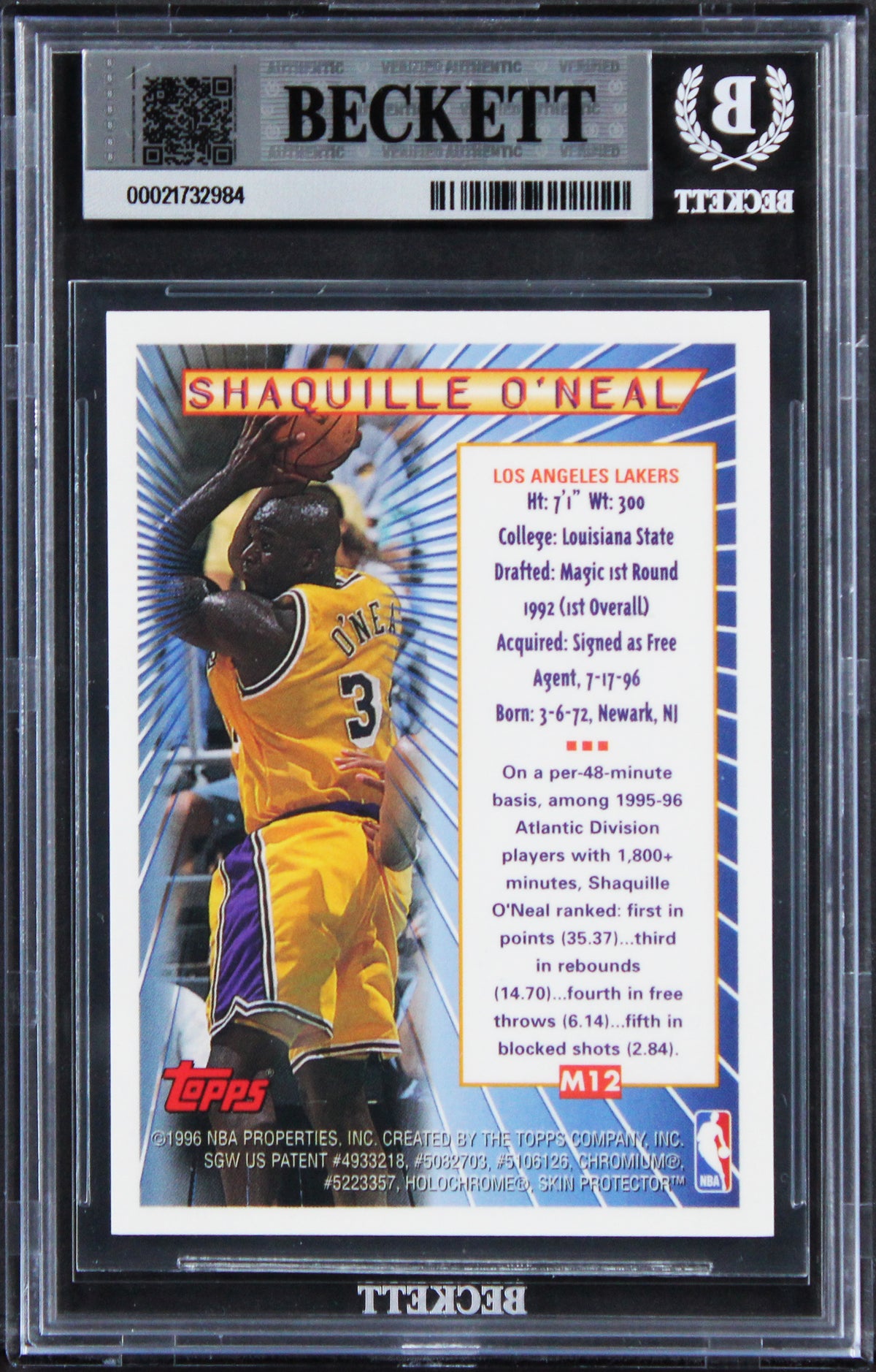 Lakers Shaquille O'Neal Signed 1996 Topps Finest #M12 Card Auto 10! BAS Slabbed