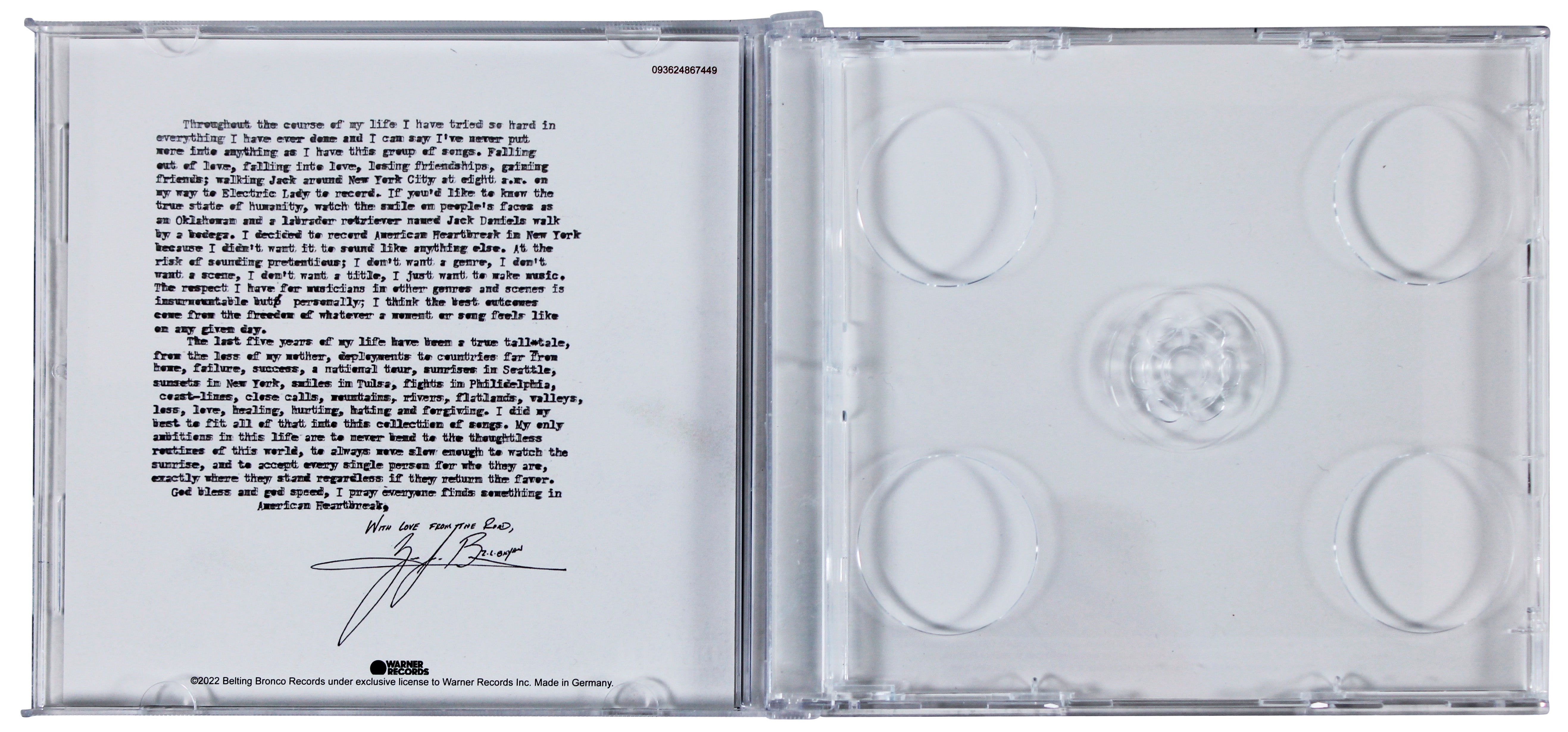 Zach Bryan Authentic Signed American Heartbreak Cd Cover BAS #AE13231