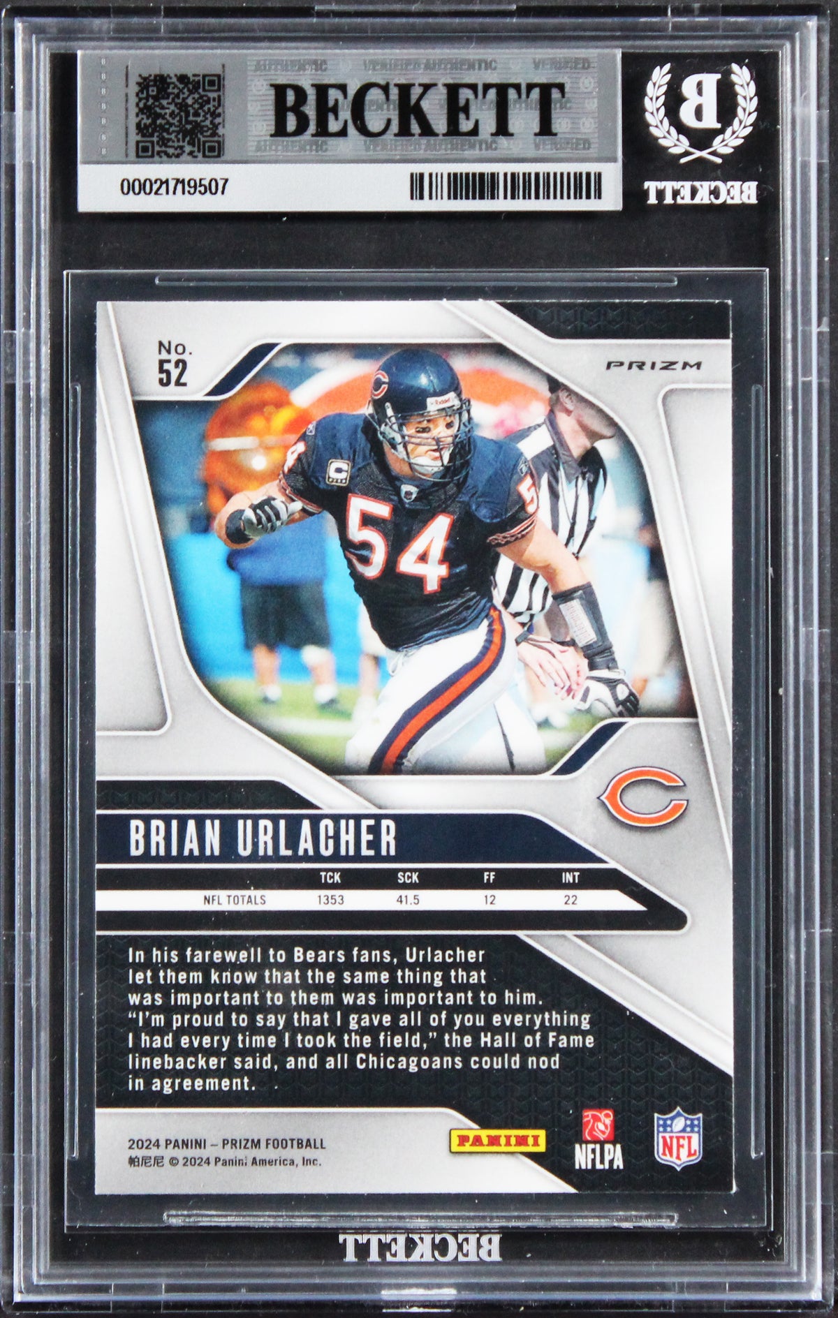 Bears Brian Urlacher Signed 2024 Panini Prizm Silver #52 Card Auto 10! BAS Slab