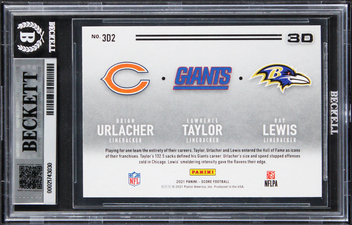 (3) Taylor, Urlacher & Lewis Signed 2021 Score 3D #2 Card Auto 10! BAS Slabbed