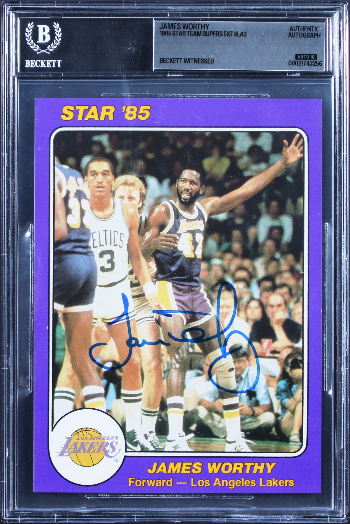 Lakers James Worthy Signed 1985 Star Team Supers 5x7 #LA3 Card Auto 10! BAS Slab