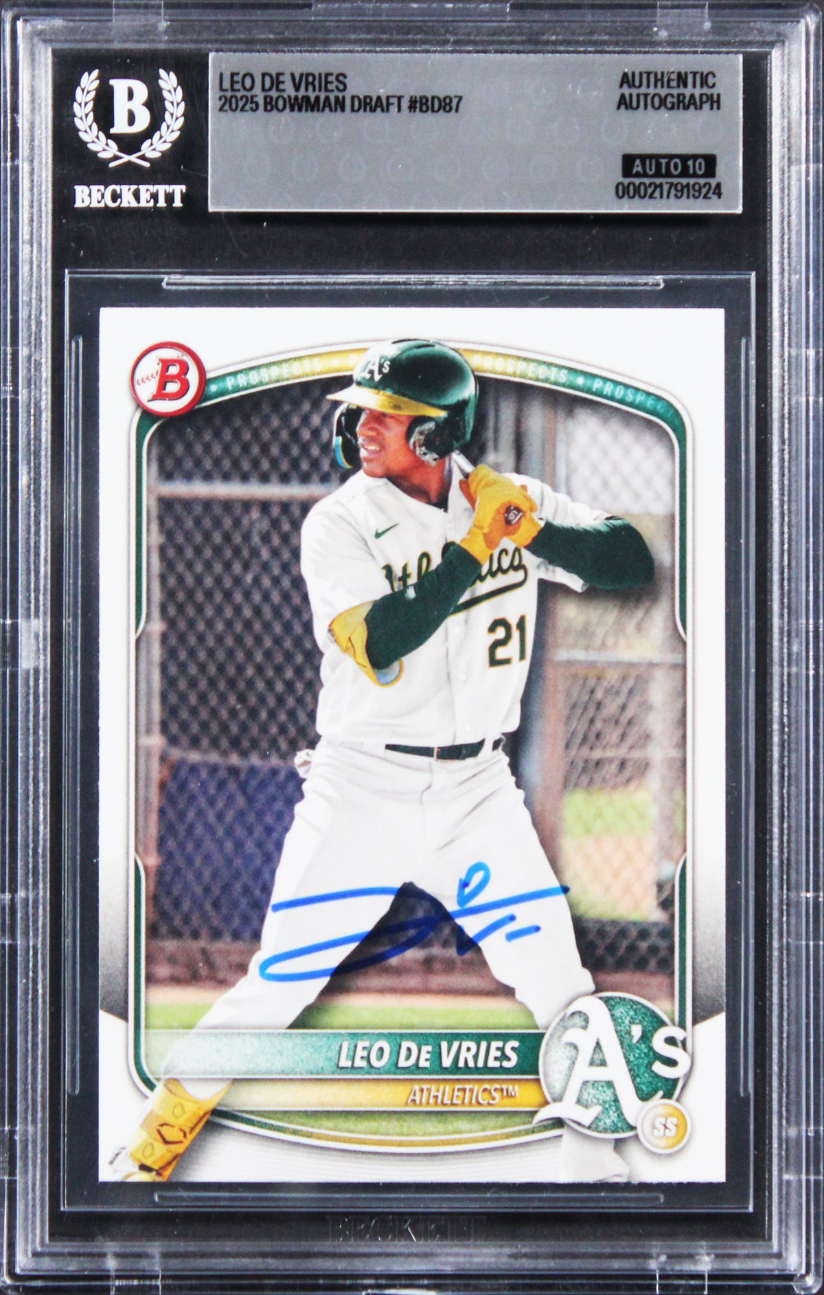 Athletics Leo De Vries Signed 2025 Bowman Draft #BD87 Card Auto 10! BAS Slabbed