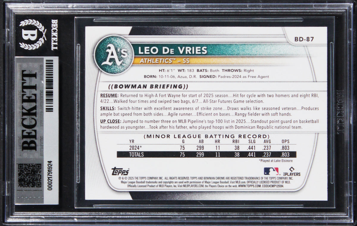 Athletics Leo De Vries Signed 2025 Bowman Draft #BD87 Card Auto 10! BAS Slabbed