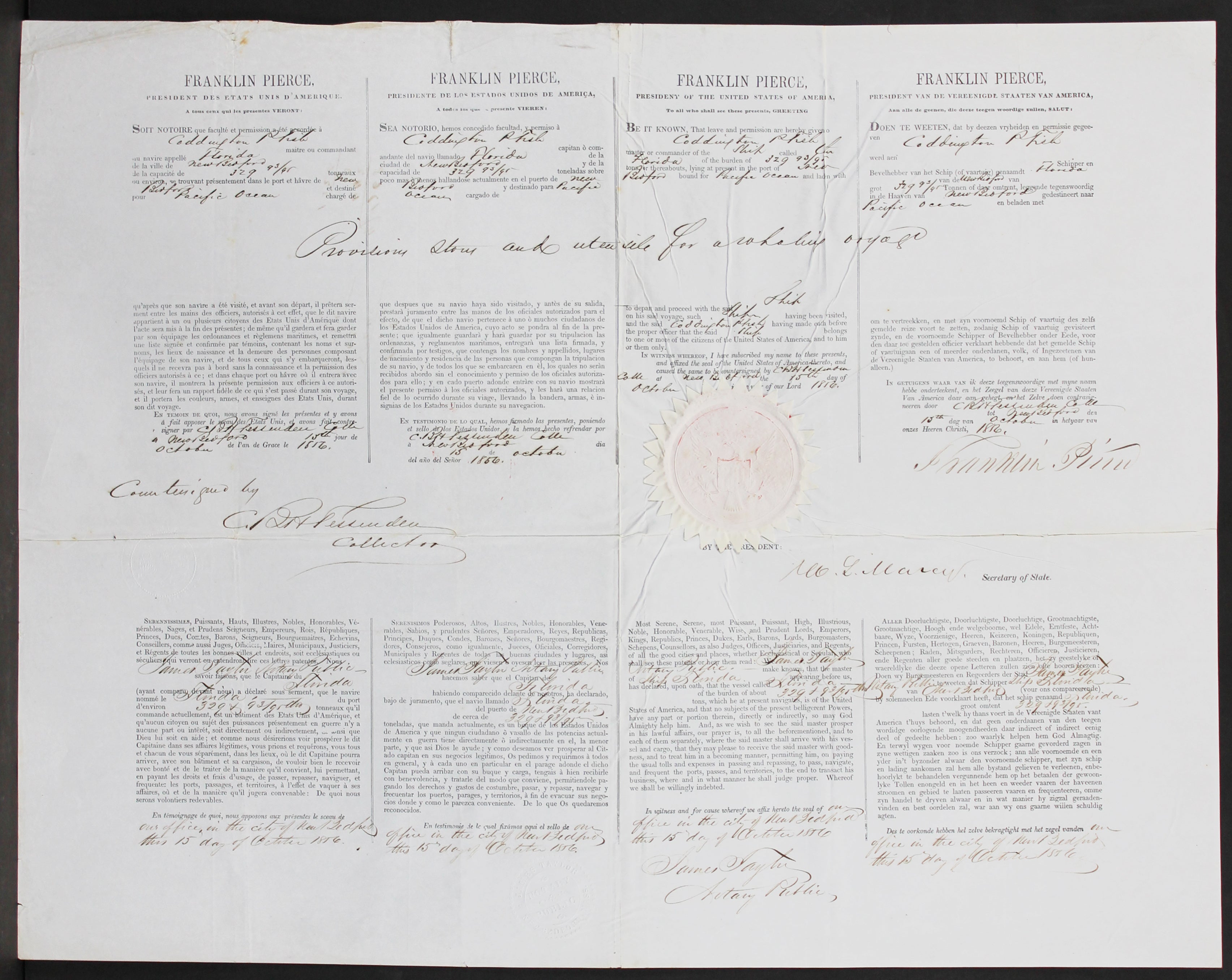 Franklin Pierce Signed 17x22 1856 4 Language Ship's Passport BAS #AE13259