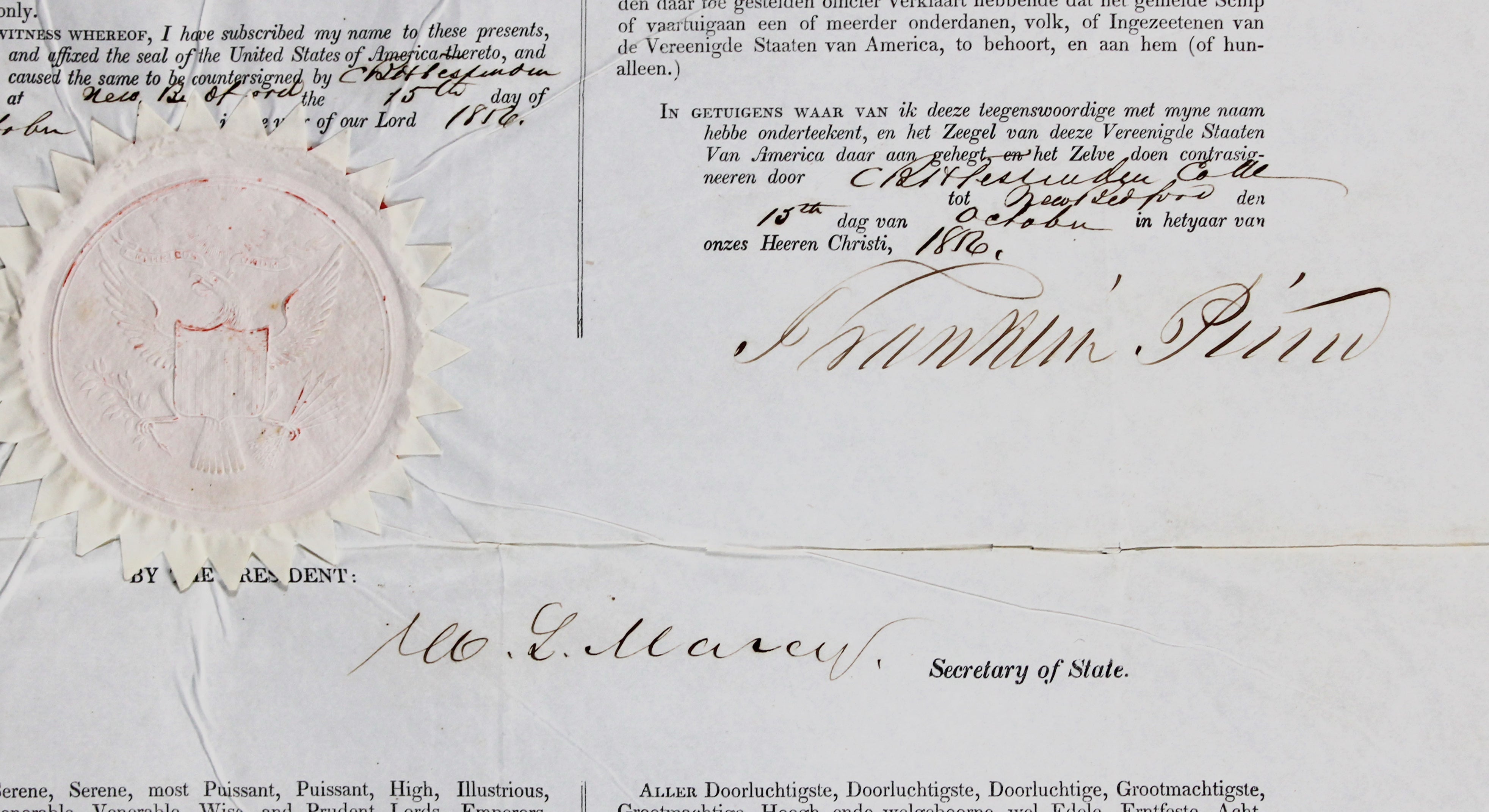 Franklin Pierce Signed 17x22 1856 4 Language Ship's Passport BAS #AE13259