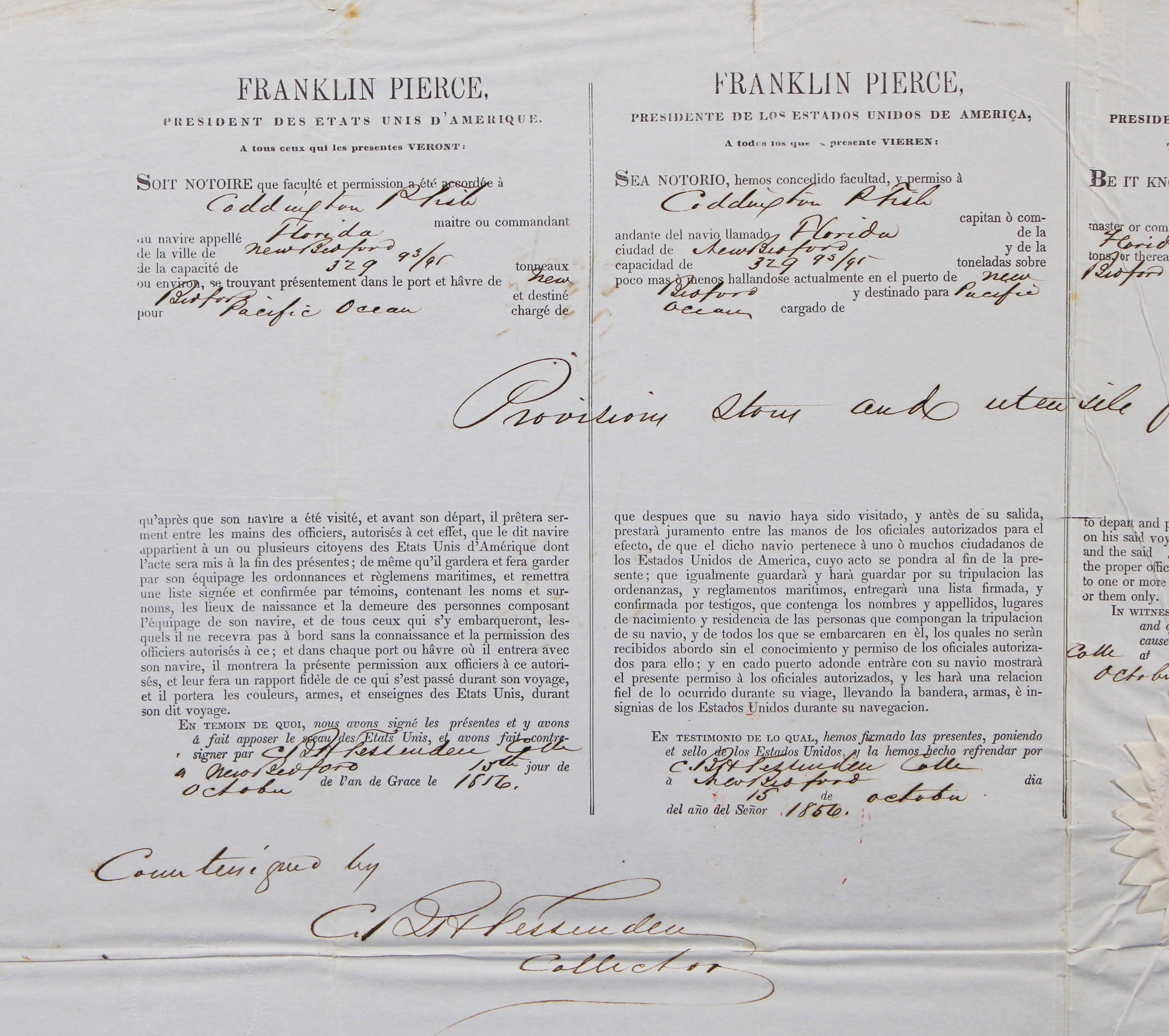 Franklin Pierce Signed 17x22 1856 4 Language Ship's Passport BAS #AE13259