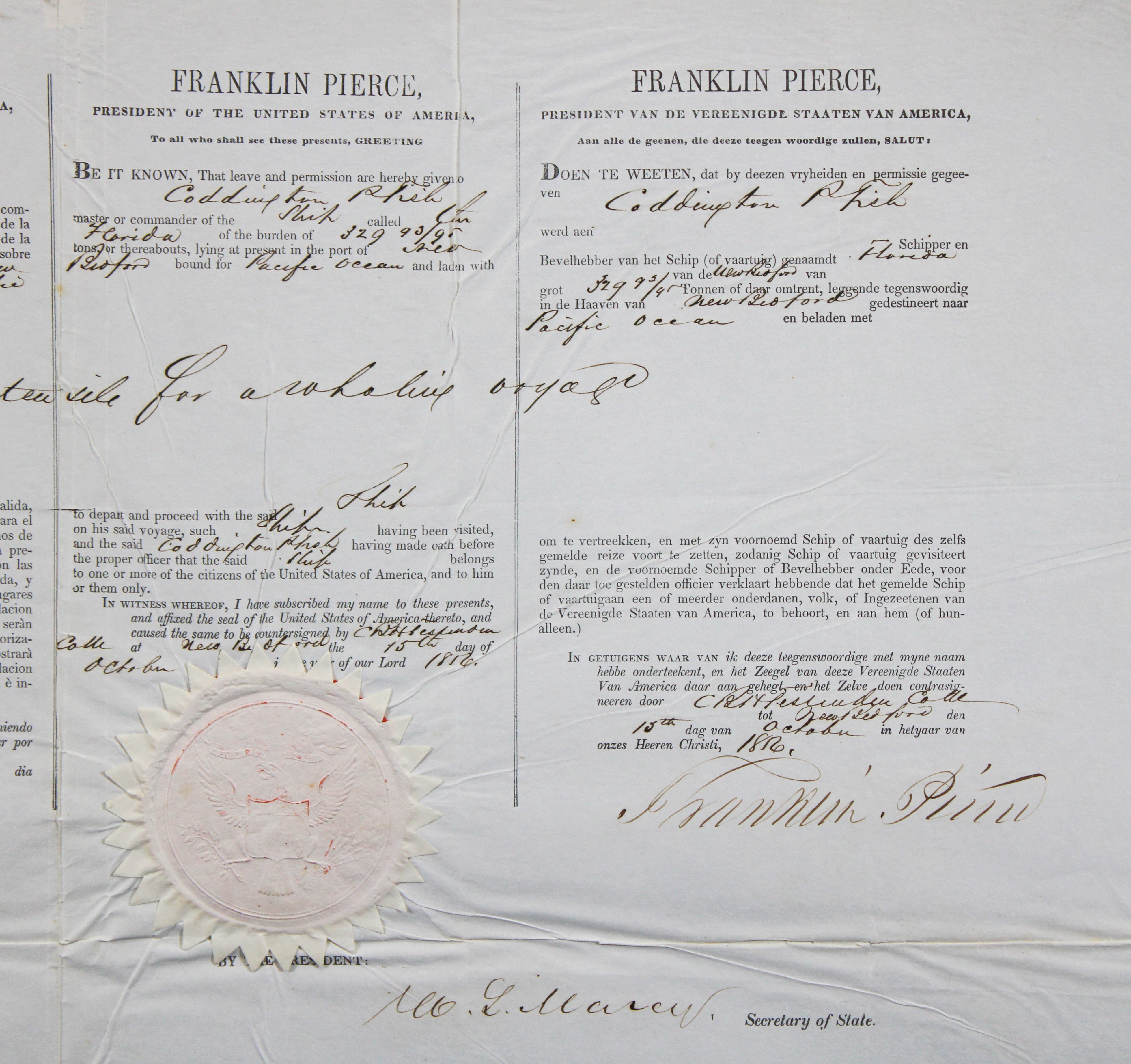 Franklin Pierce Signed 17x22 1856 4 Language Ship's Passport BAS #AE13259