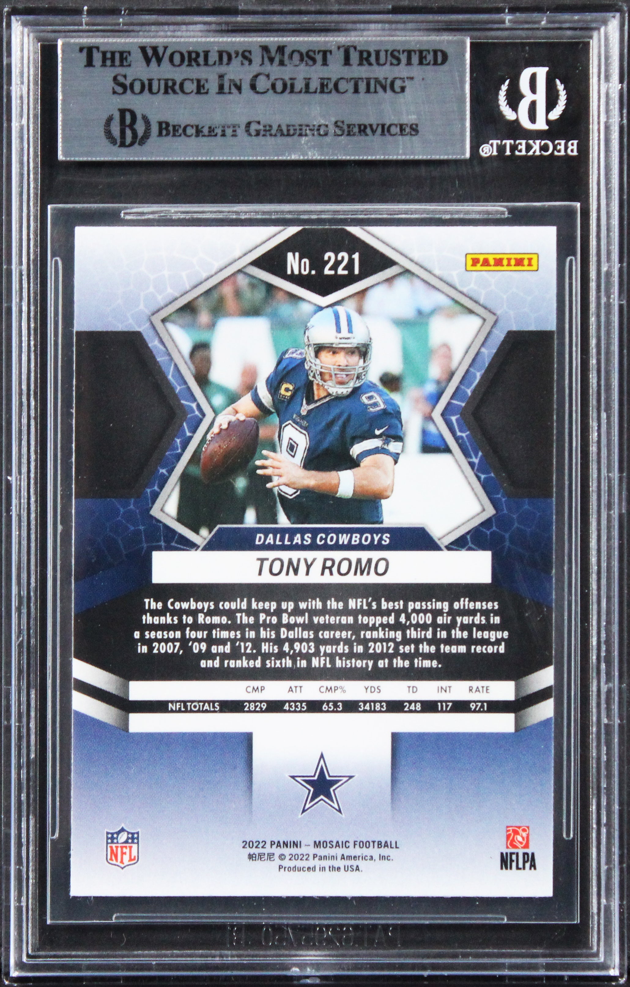 Cowboys Tony Romo Authentic Signed 2022 Panini Mosaic #221 Card BAS Slabbed 2