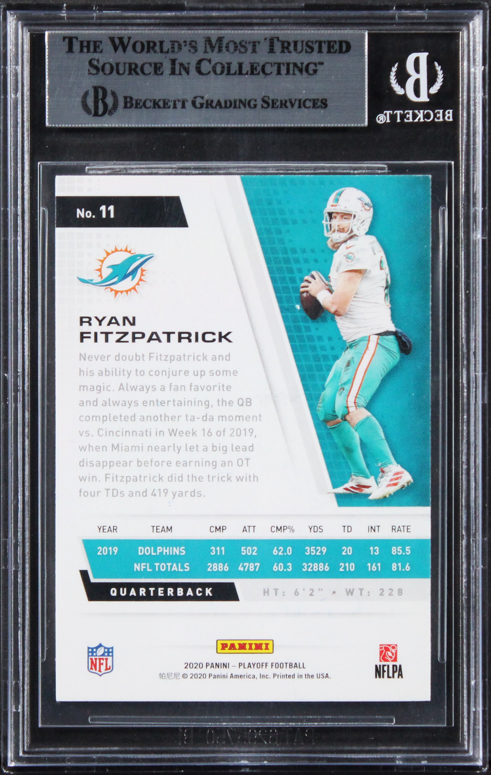 Dolphins Ryan Fitzpatrick Authentic Signed 2020 Playoff #11 Card BAS Slabbed