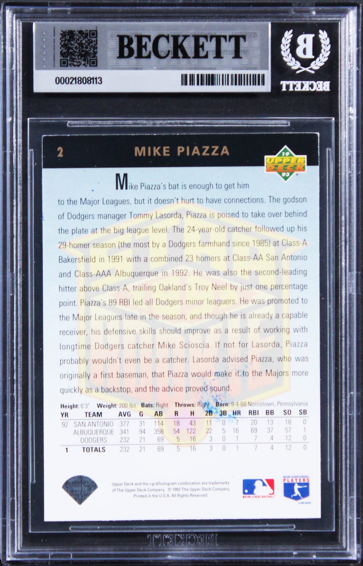 Dodgers Mike Piazza Signed 1993 Upper Deck #2 Rookie Card Auto 10! BAS Slabbed